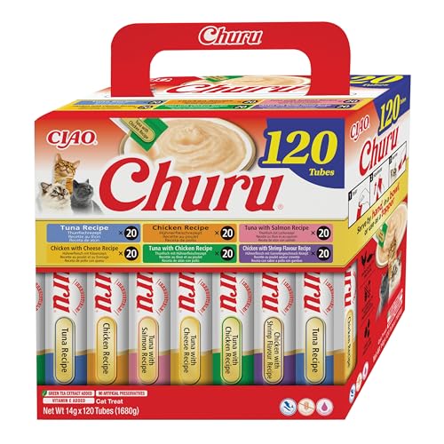 INABA Churu Gatos: 6 Recetas de Snacks Saludables a Base de Atún y Pollo, 1,68 kg (120 Tubos x 14 g)