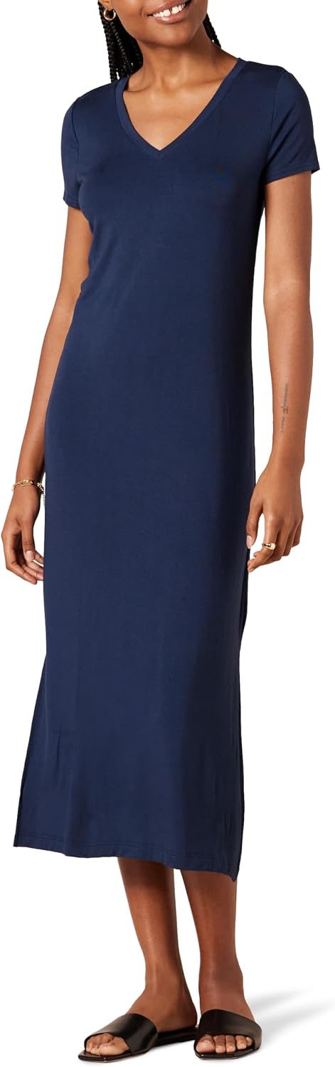 Detalle de Amazon Essentials Damen Kurzarm-Jersey-Kleid mit V-Ausschnitt (mittellang)