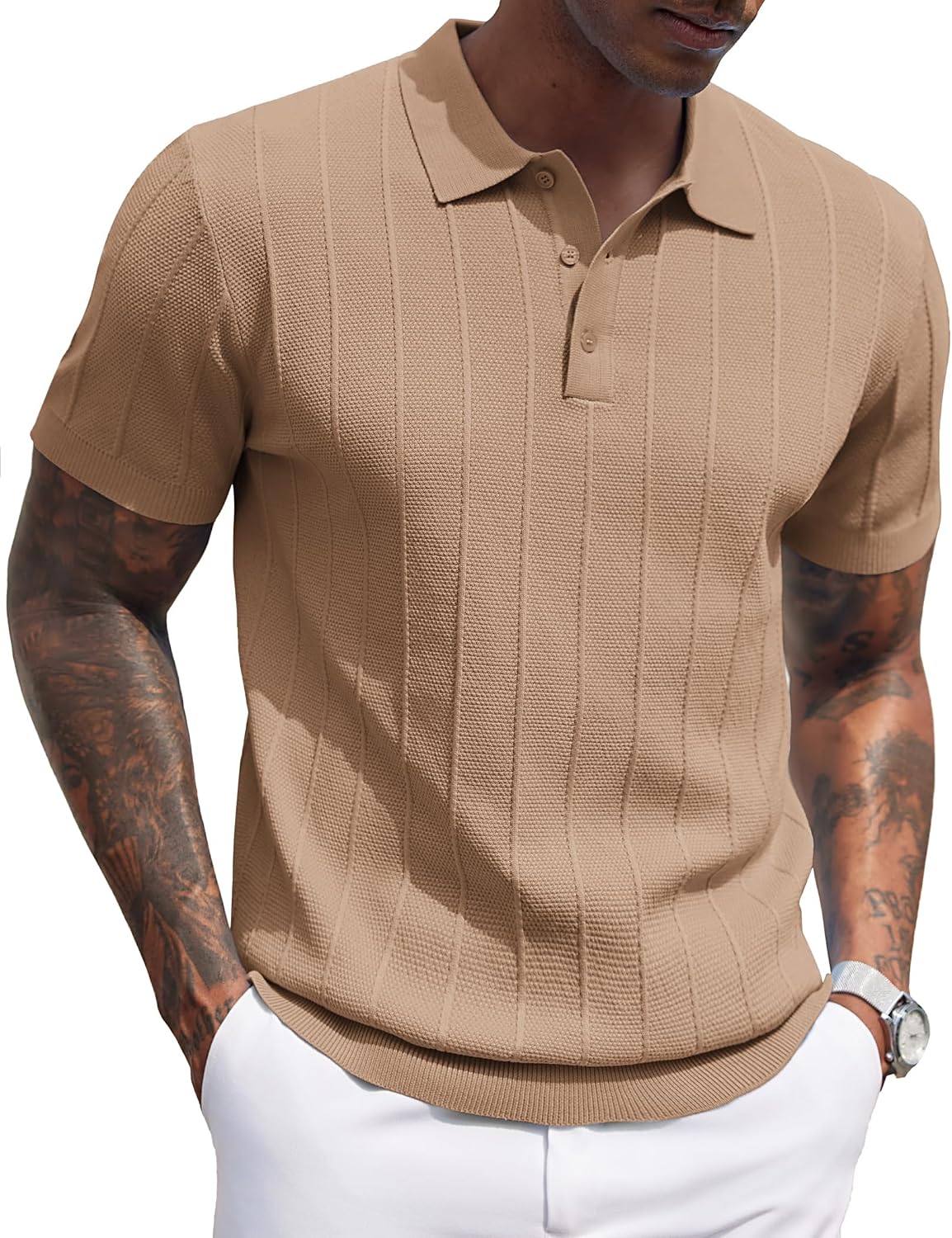 Detalle de COOFANDY Men's Knit Polo Shirt, Slim Fit, Ribbed Texture, Short Sleeve