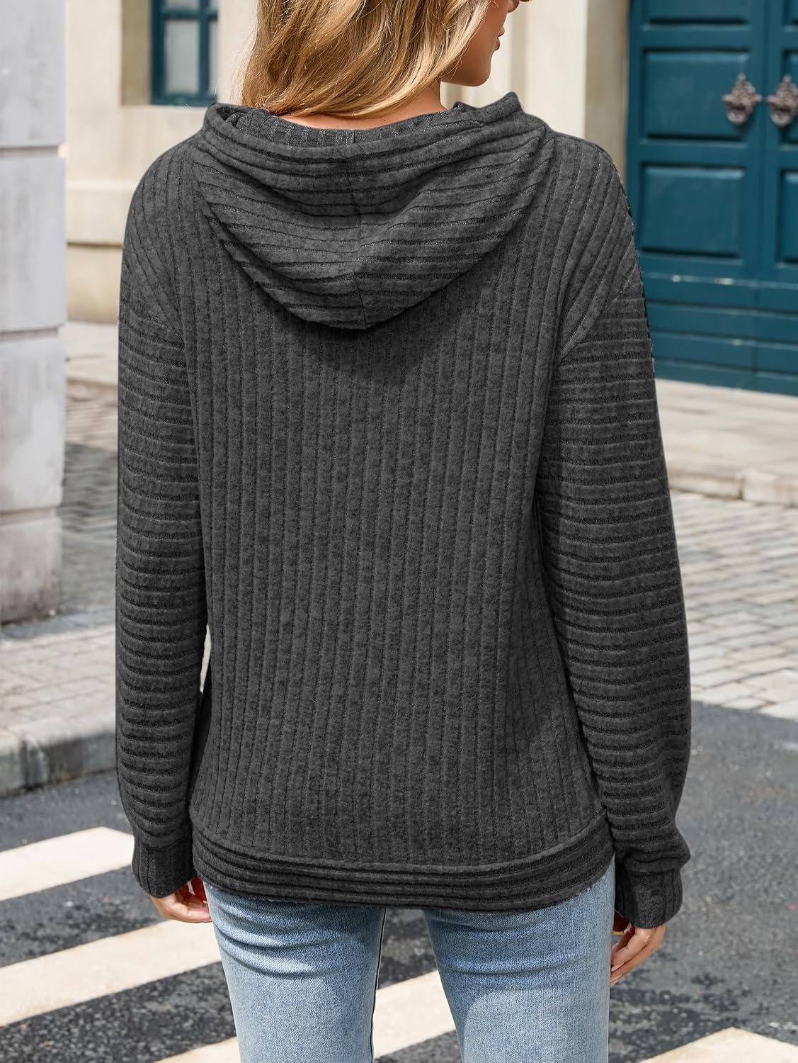 Thumbnail 4 de Famulily ribbed lightweight hoodies for women – striped long-sleeve pullover with hood