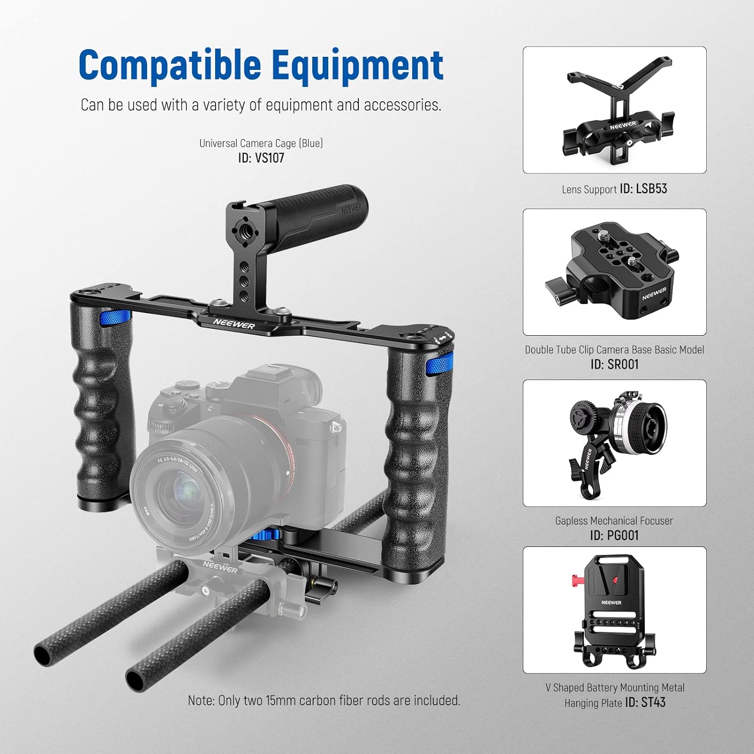 Thumbnail 6 de NEEWER 15mm Carbon Fibre Extension Rods (12in/30cm) – 2-Pack, 15mm Rail System, Compatible with SmallRig/Tilta