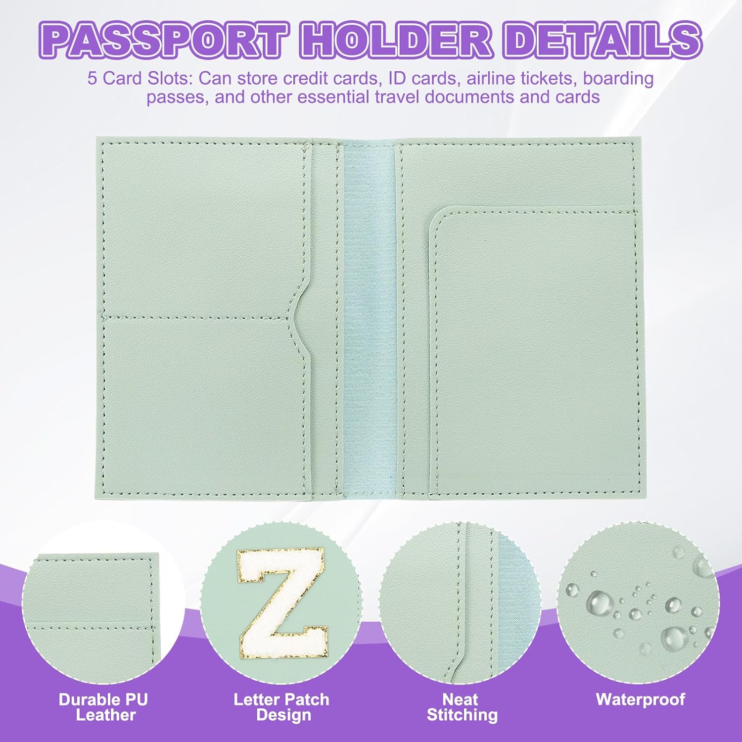 Detalle de PATIKIL Passport Holder for Travel – Green Z initial passport cover & luggage tag set