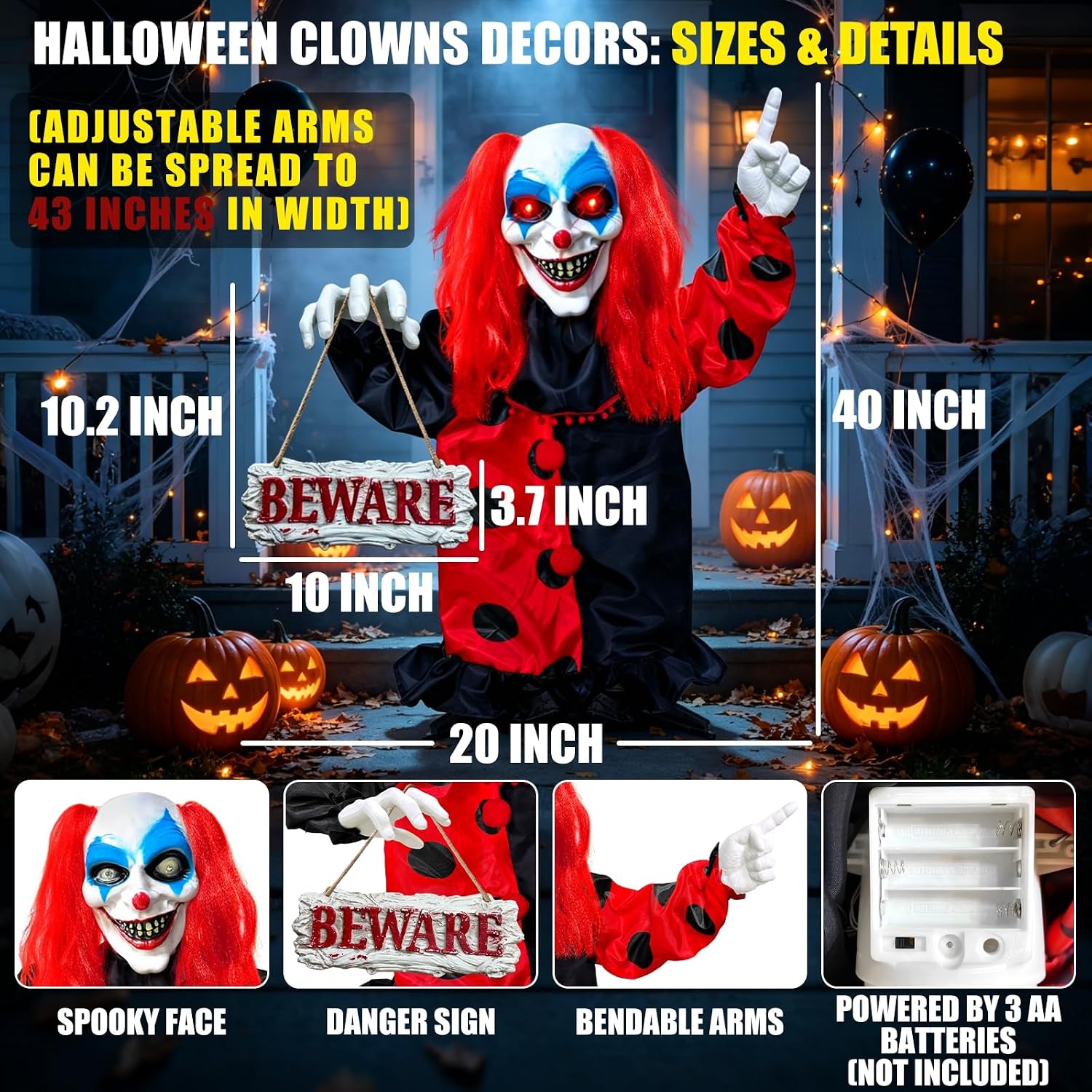 Detalle 2 de TURNMEON 40-Inch Animatronic Clown with Sound Activation and Red LED Eyes