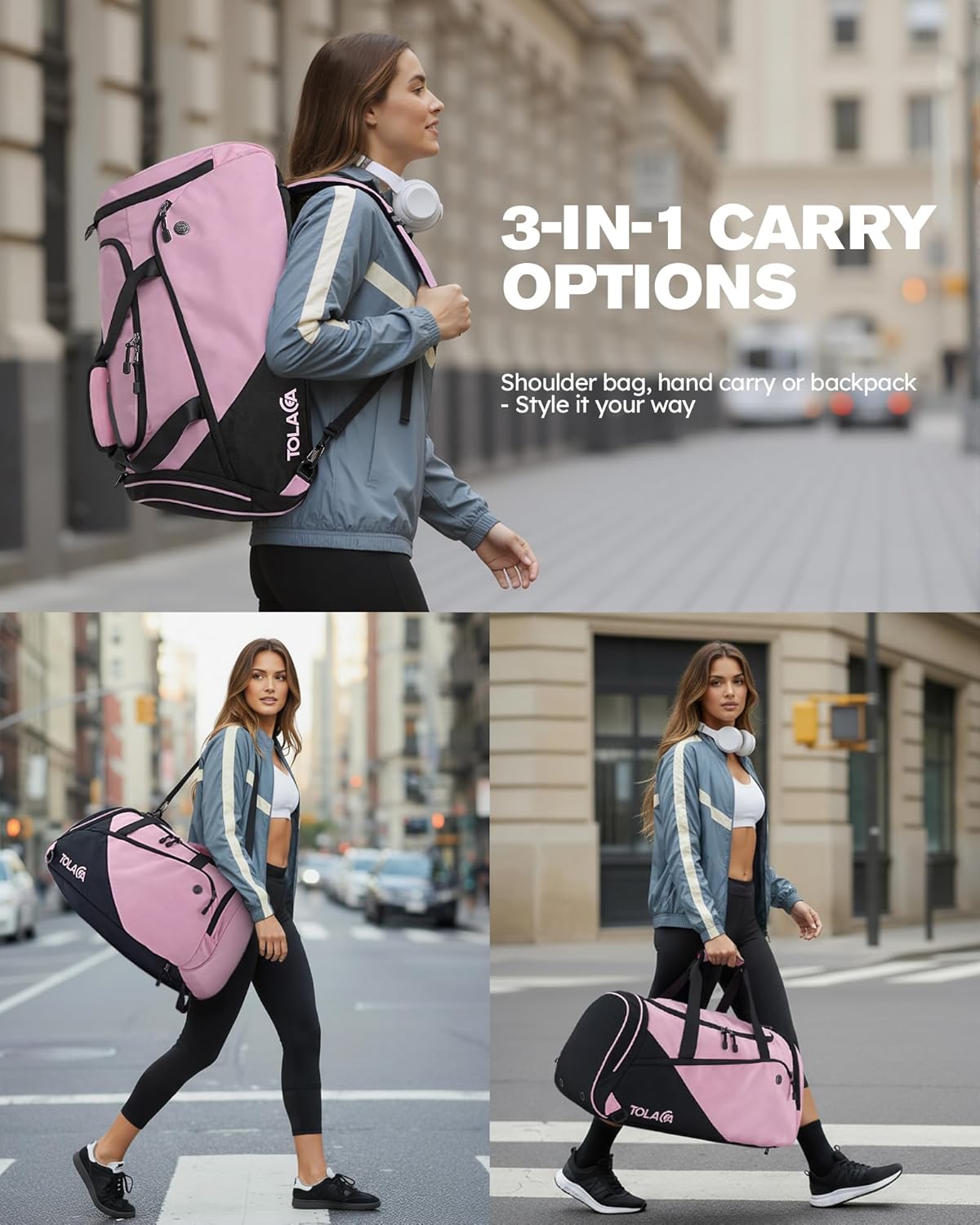 Detalle 2 de Tolaccea Sporttasche 47L – Damen & Herren, Schuhfach, Nassfach, 3-in-1 Tragemodi, Schwarz-Rosa