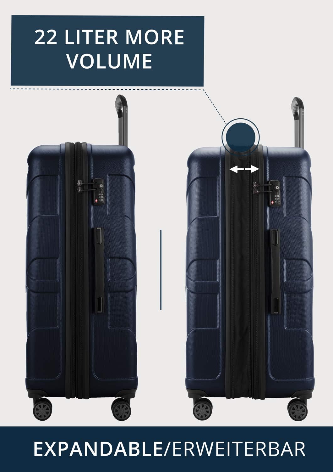 Detalle de Suitline Großer Hartschalen-Koffer 76 cm – TSA-Kombi, ABS matt, Dunkelblau, 96–110 L