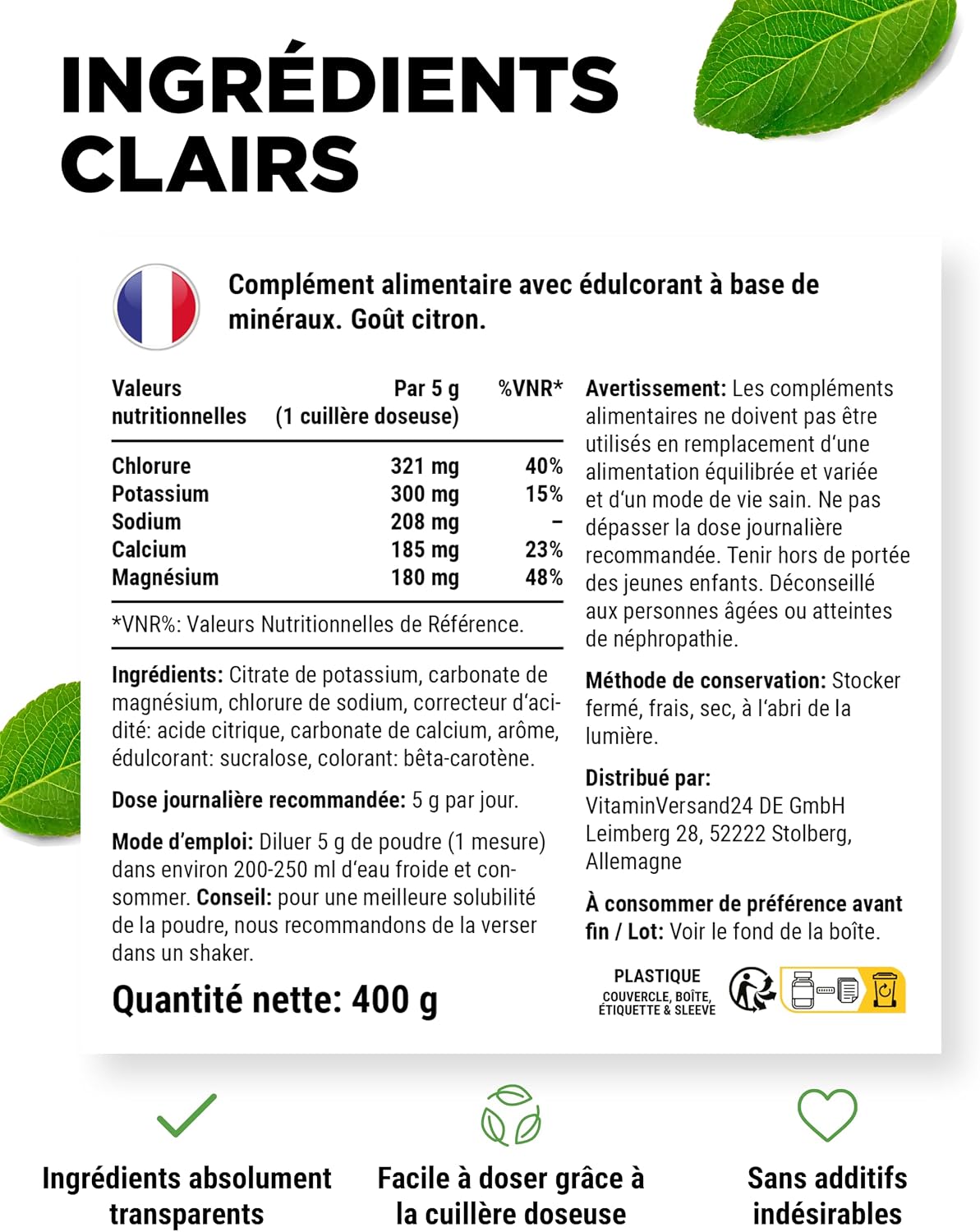 Detalle 2 de Electrolytes 400 g (80 portions) – poudre d’hydratation citron, sans sucre, vegan