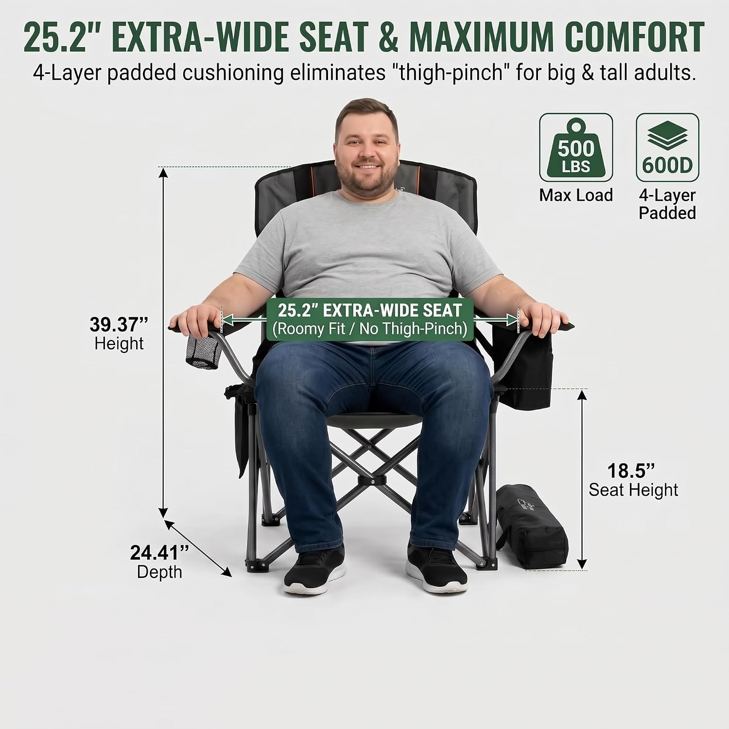 Detalle de FAIR WIND 2-Pack Fully Padded Oversized Camping Chairs with Adjustable Lumbar Support, Cooler Bag & Cup Holder (500 lbs Capacity)