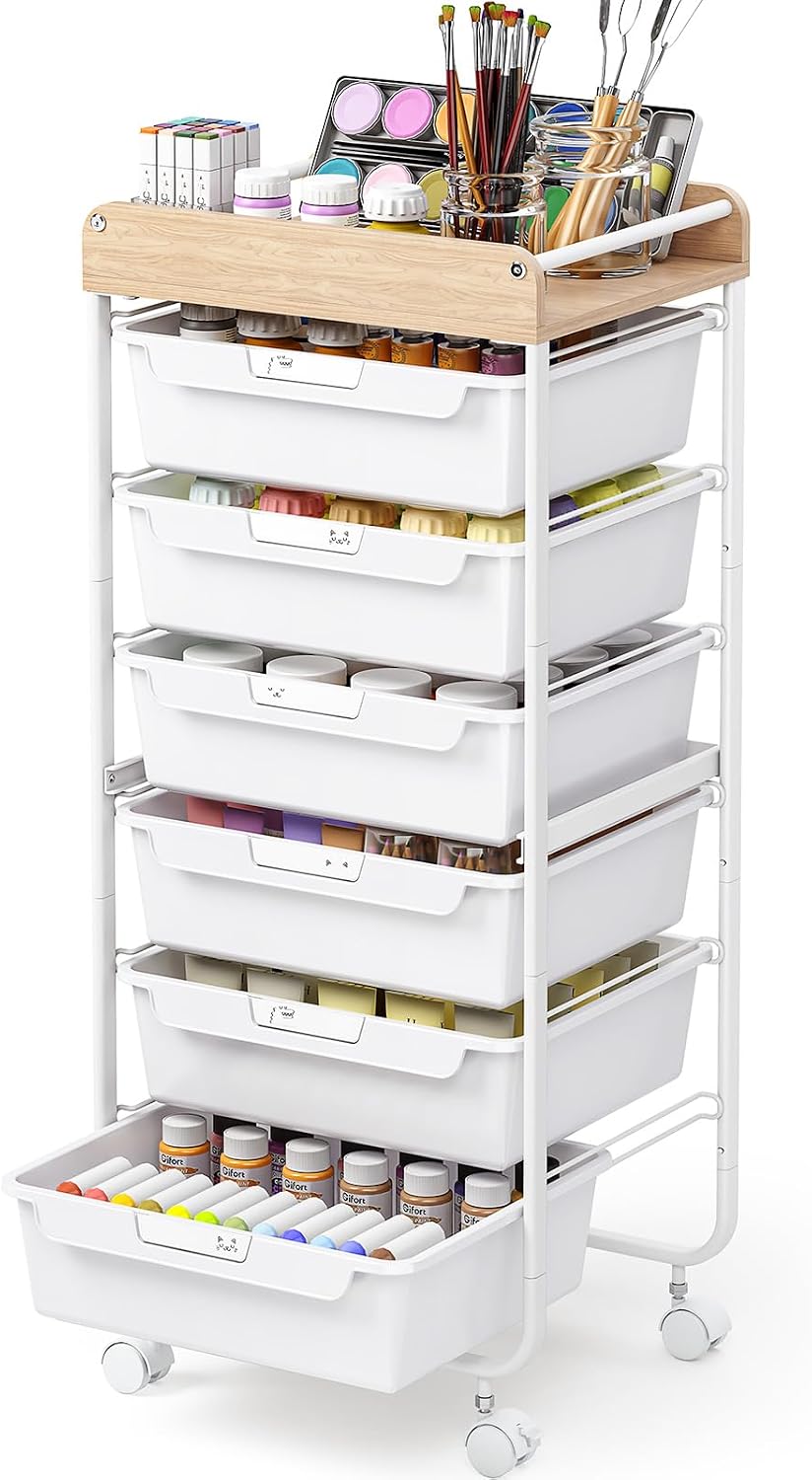 Detalle de SYKIARIOL 1431+1233+1432 6-Drawer Rolling Storage Cart with Wooden Top, White