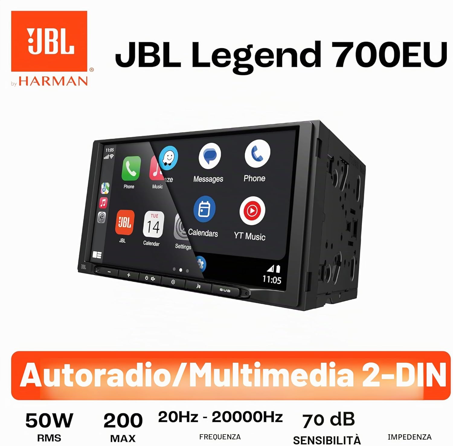 Detalle de JBL Legend 700: autoradio 2-DIN touchscreen 7" con CarPlay/Android Auto wireless e audio di livello