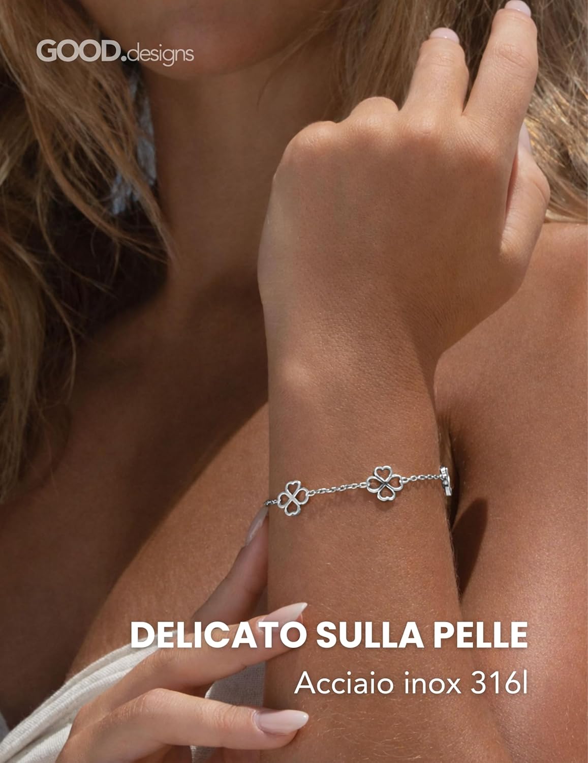 Detalle 2 de GD GOOD.designs Bracciale a trifoglio da donna in acciaio 316L regolabile, impermeabile e ipoallergenico