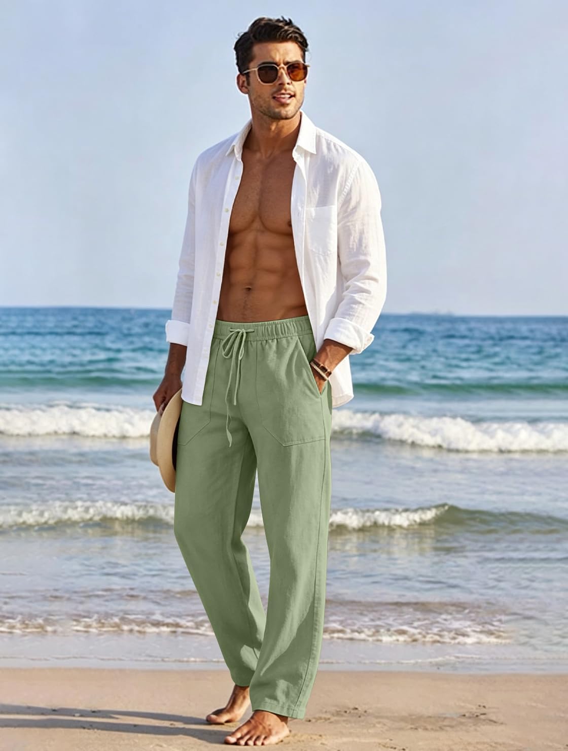 Detalle de Puimentiua Men's Linen Trousers: Casual Loose Fit with Elastic Waist and Large Pockets
