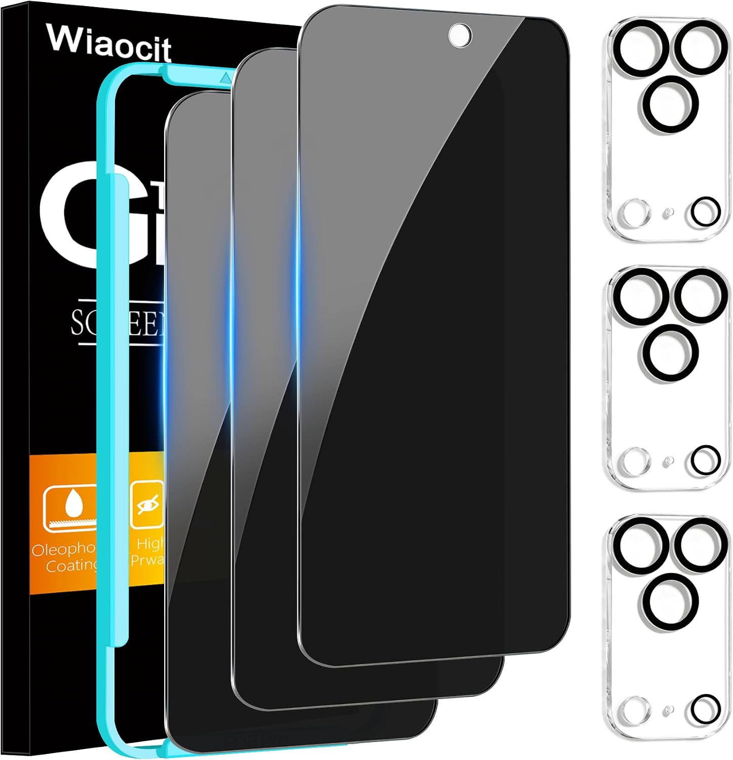 Detalle de Wiaocit iPhone 18 Pro Privacy Screen Protector, 9H Tempered Glass, 3+3 Pack