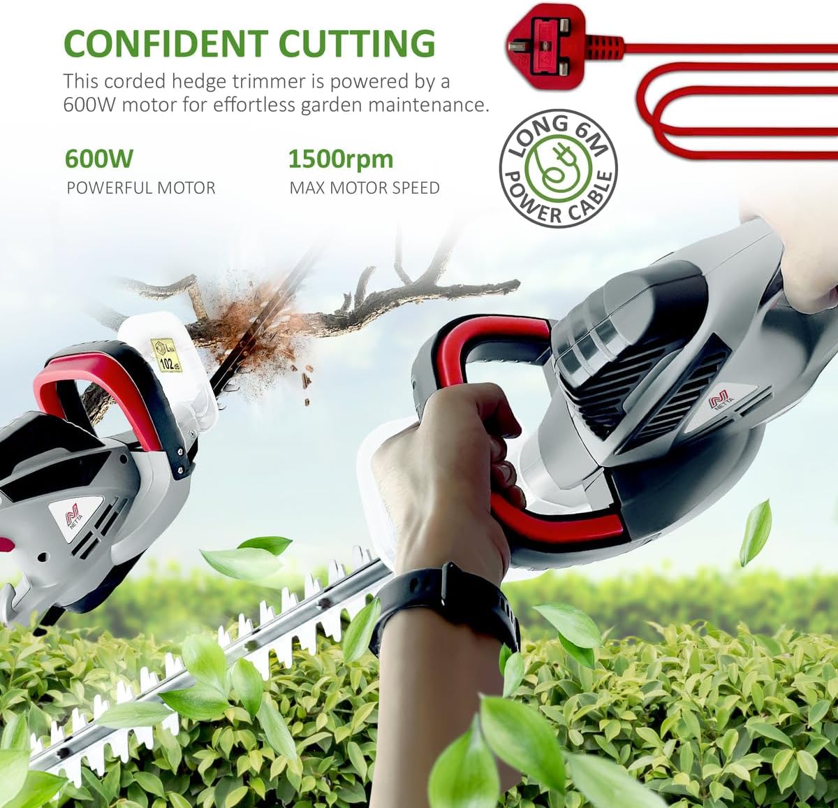 Thumbnail 1 de NETTA 600W Corded Hedge Trimmer (55cm Diamond Blade, 16mm Tooth Opening) with 6m Cable