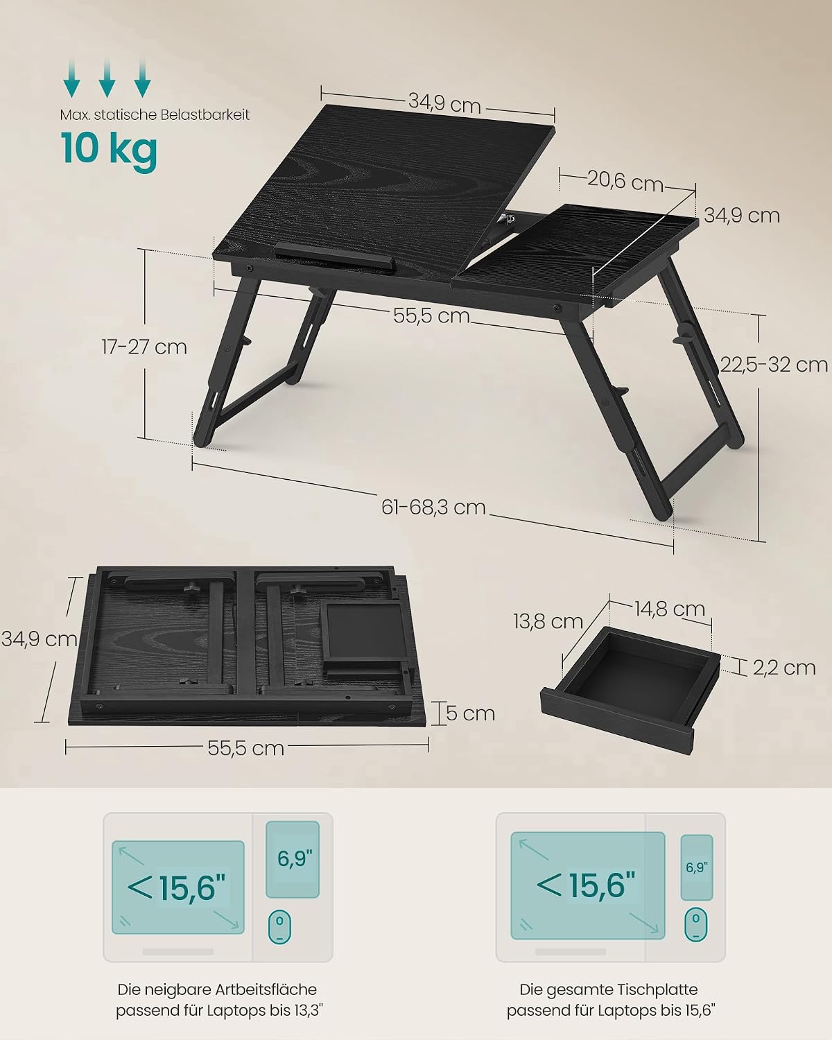 Thumbnail 5 de SONGMICS Laptoptisch für Bett LLD105BE01 – höhenverstellbar, 15,6 Zoll, Bambusbeine, klappbare Beine