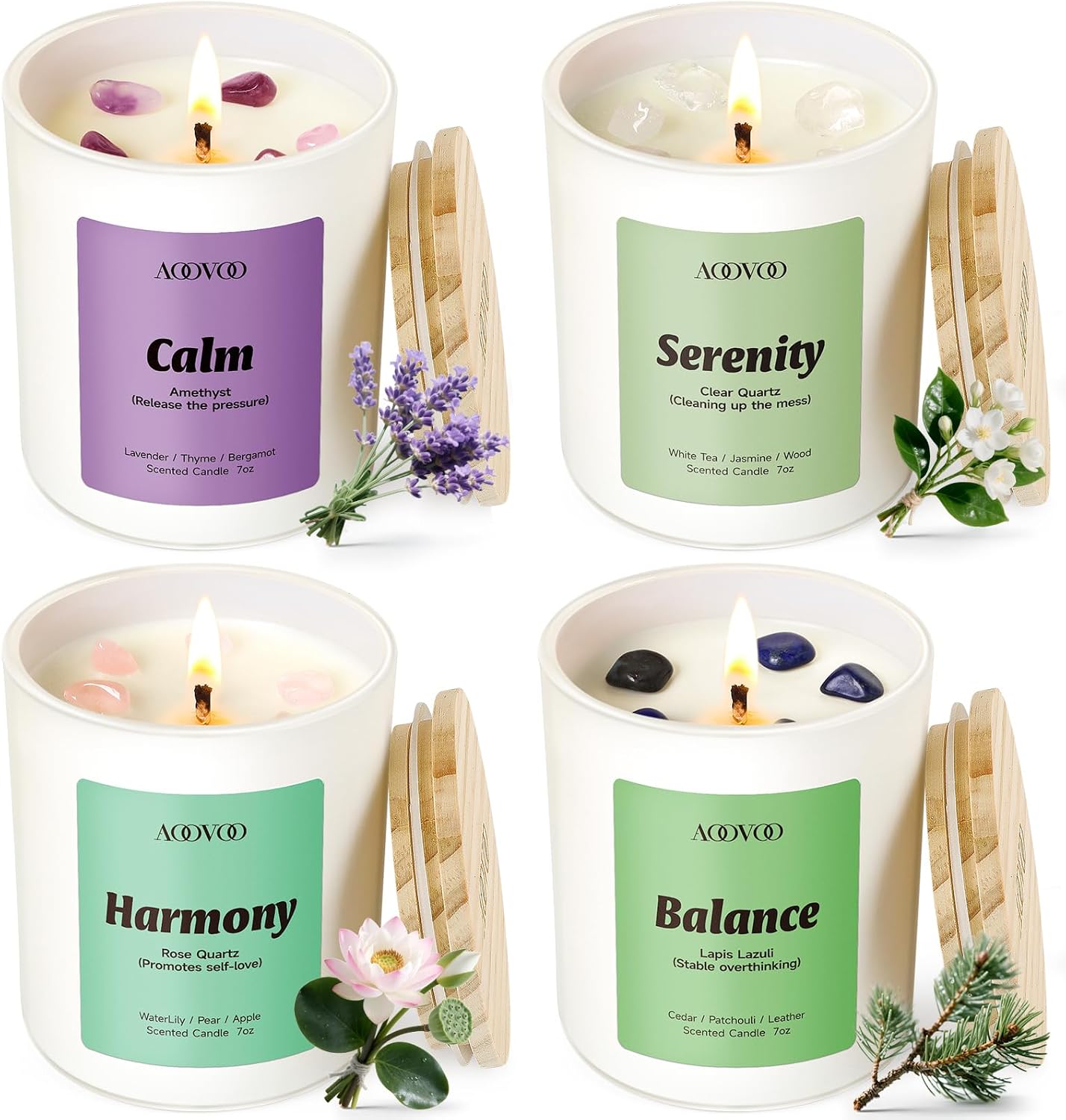 Detalle de AOOVOO Calm Candles Set for Women — 4-Pack Soy Candles with Crystals (Lavender Calm, Jasmine Serenity, Water Lily Pear Harmony, Patchouli Balance)