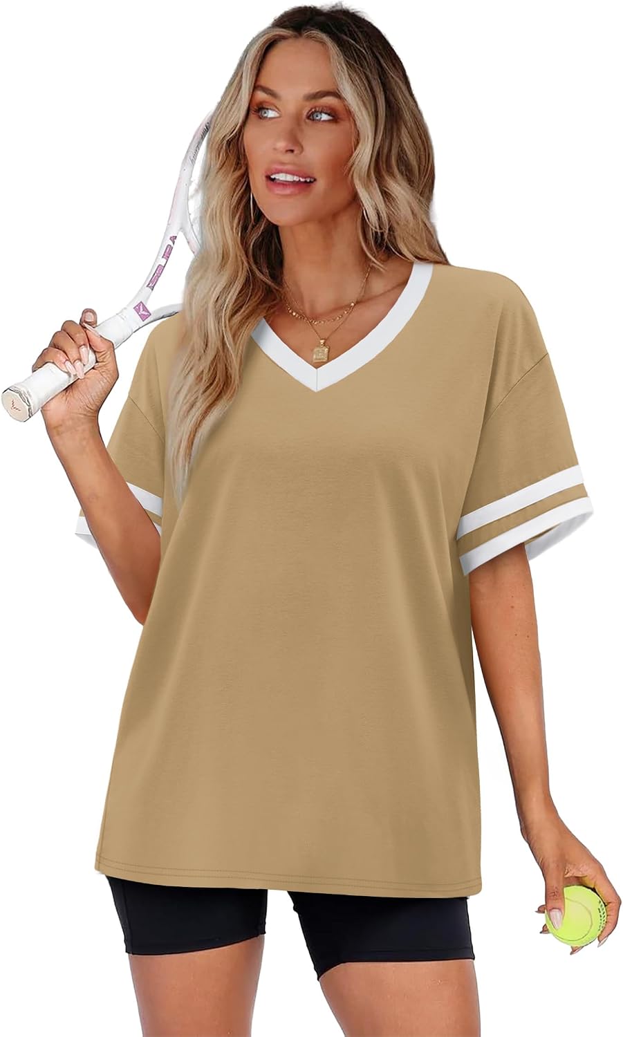 Detalle de WIHOLL Women's Loose Fit V-Neck Color Block T-Shirts (S-4XL)