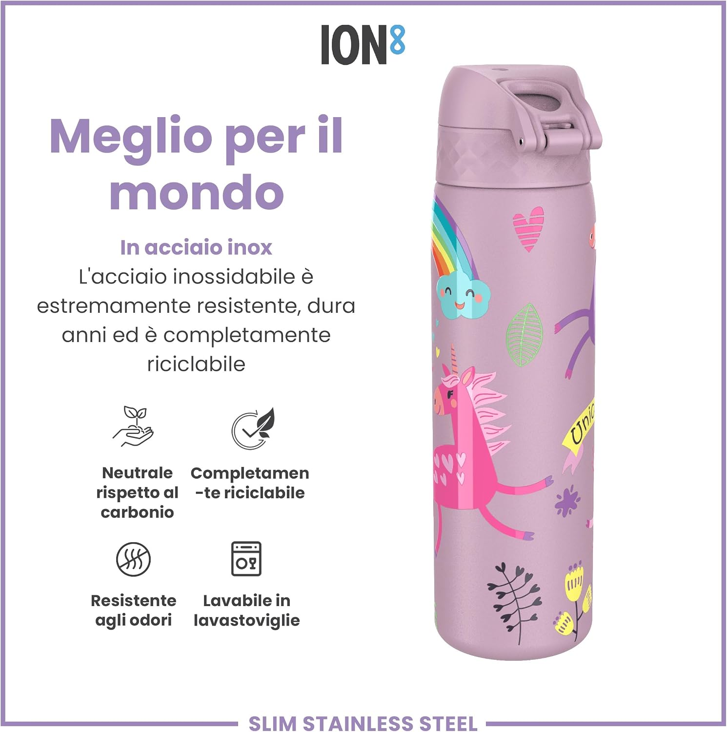 Detalle de Ion8 Borraccia Inox Leggero 600ml – non isolata, anti-perdite, lavabile in lavastoviglie, lilla unicorno