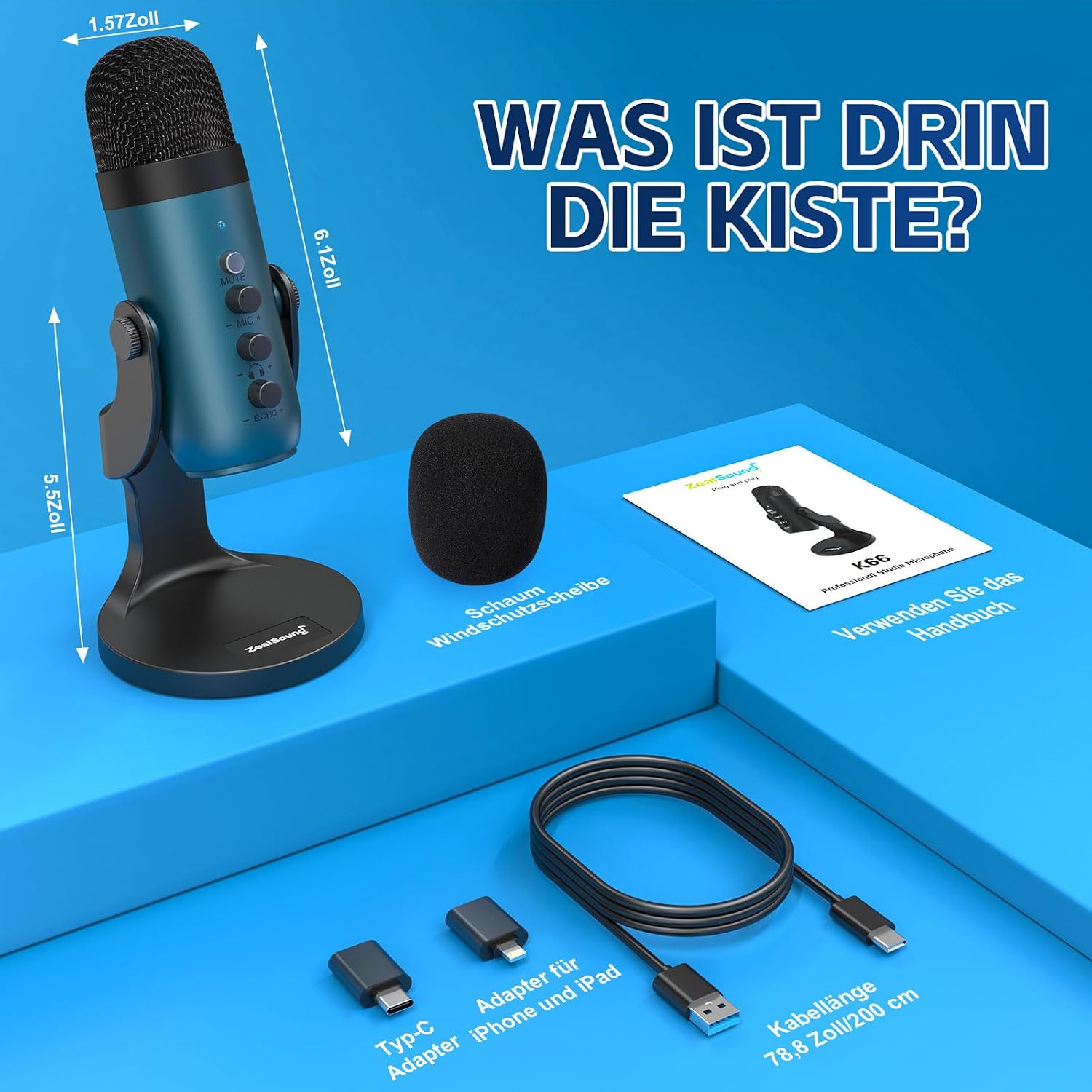 Detalle 2 de ZealSound K66 USB Kondensator-Mikrofon – Plug & Play für PC, Laptop, Handy inkl. Rauschunterdrückung, Mute, Gain & Echo