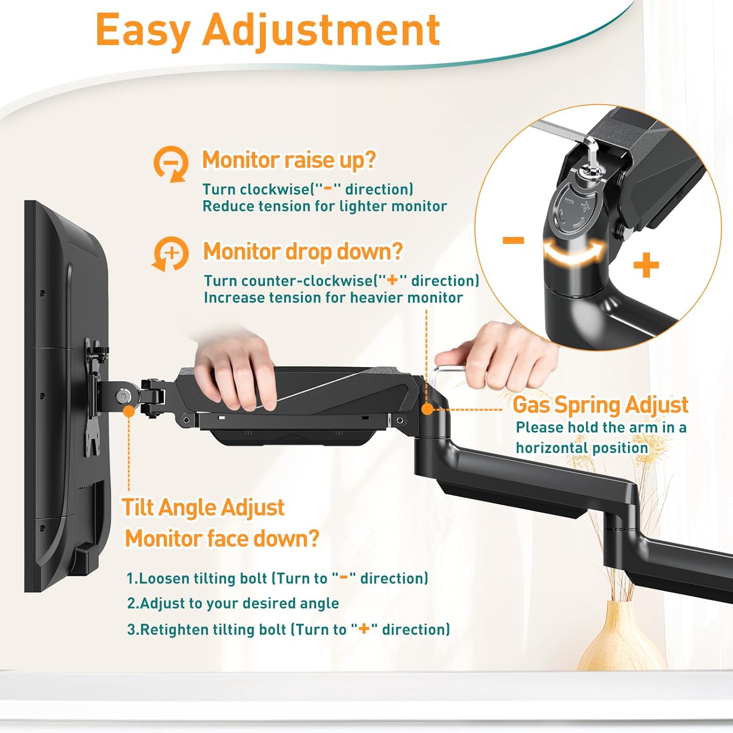 Thumbnail 4 de ELIVED Triple Monitor Arms – Adjustable Gas Powered Desk Mount for 3 Monitors (VESA 75x75/100x100, 13–27 inch)