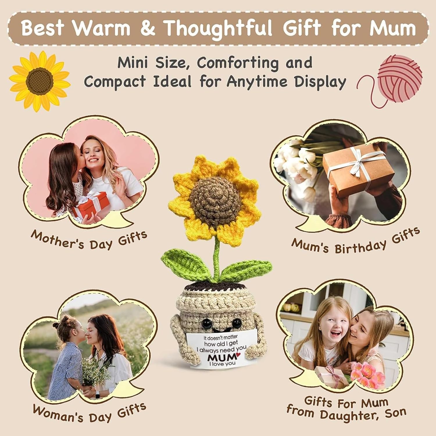 Thumbnail 3 de Handmade crochet sunflower gift for mum 4.75 in
