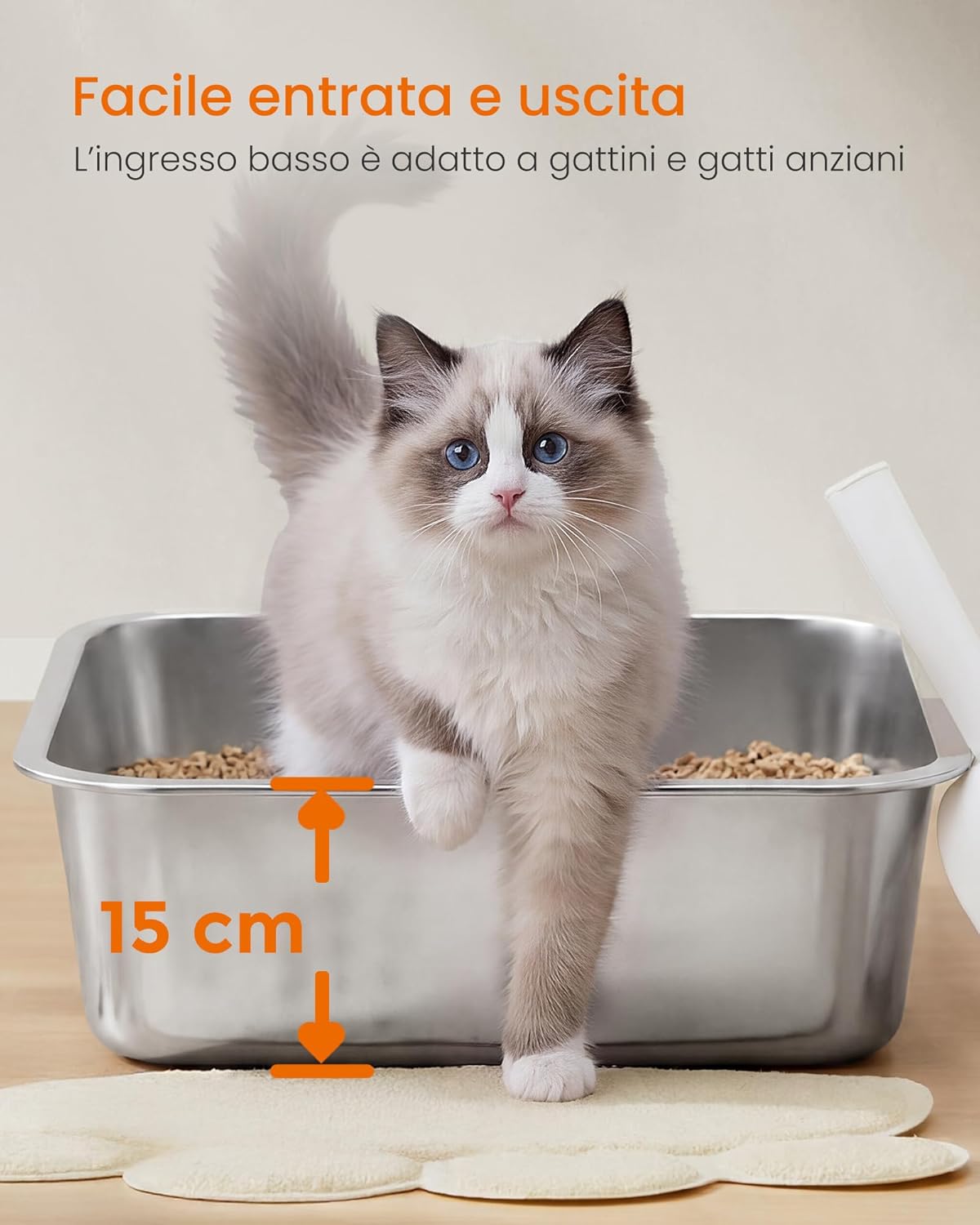 Detalle 2 de Feandrea Lettiera per Gatti in Acciaio Inox, Vaschetta Aperta 50 x 35 x 15 cm – Argento PPT016E101