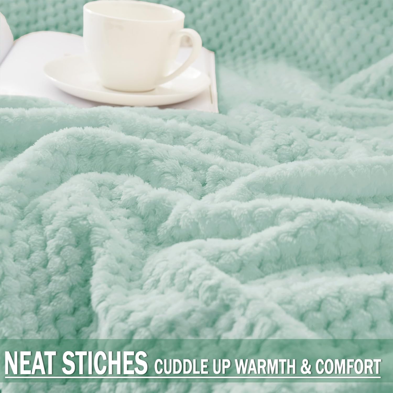 Thumbnail 4 de Exclusivo Mezcla King Size fleece bed blanket (230x265 cm) in mint green with waffle texture