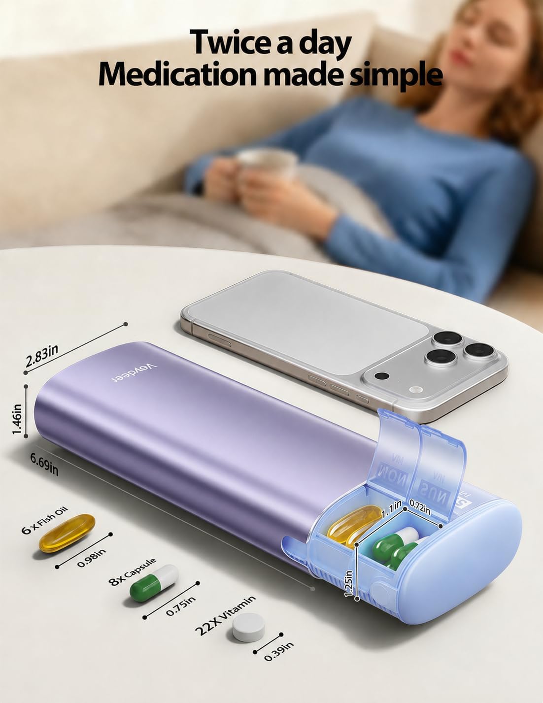 Detalle 1 de Vaydeer 7-Day Metal Pill Organizer, AM/PM Compartments, Built-In Desiccant