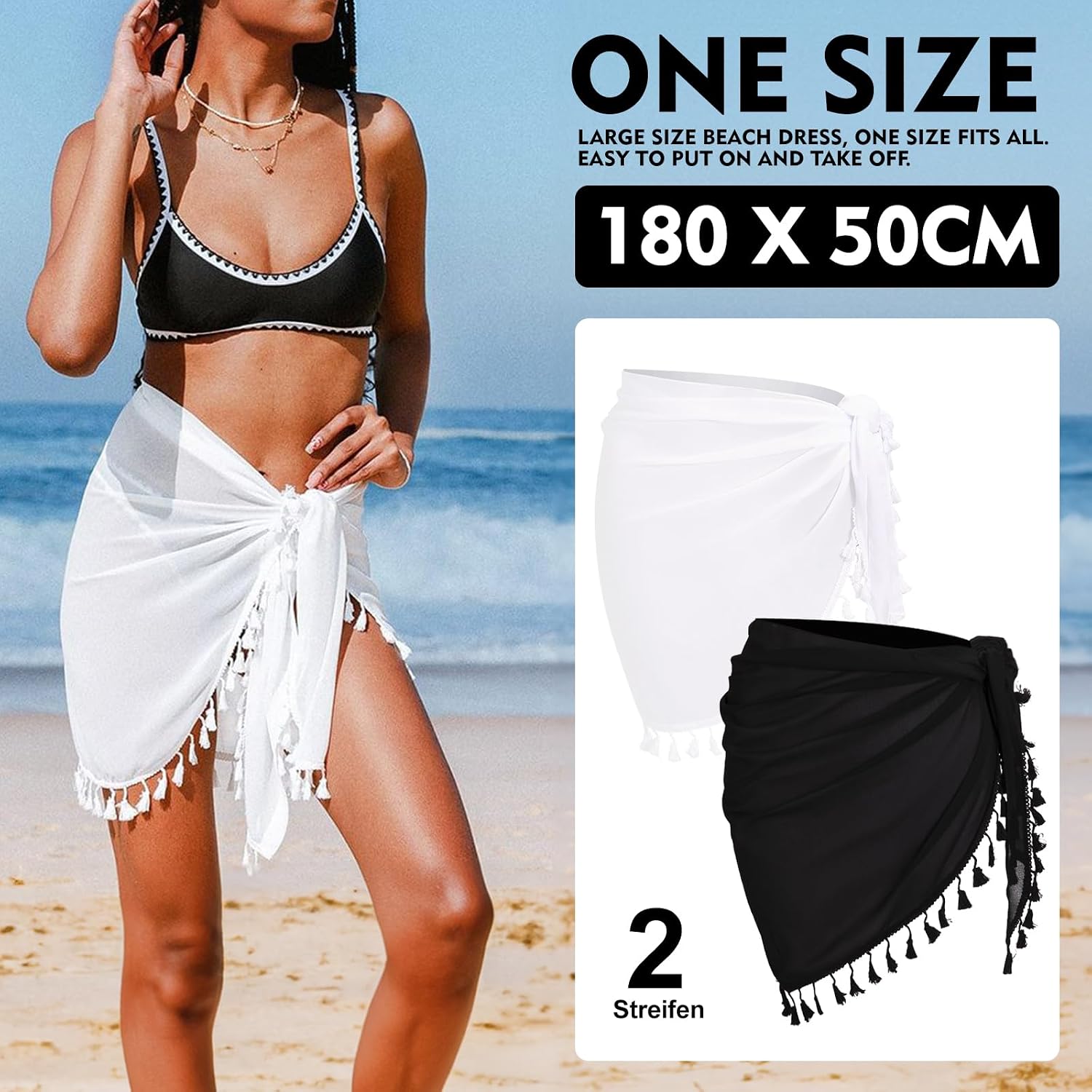 Detalle de Aiseyi Sarong lot de 2 jupes de plage en mousseline de soie avec franges (noir/blanc)