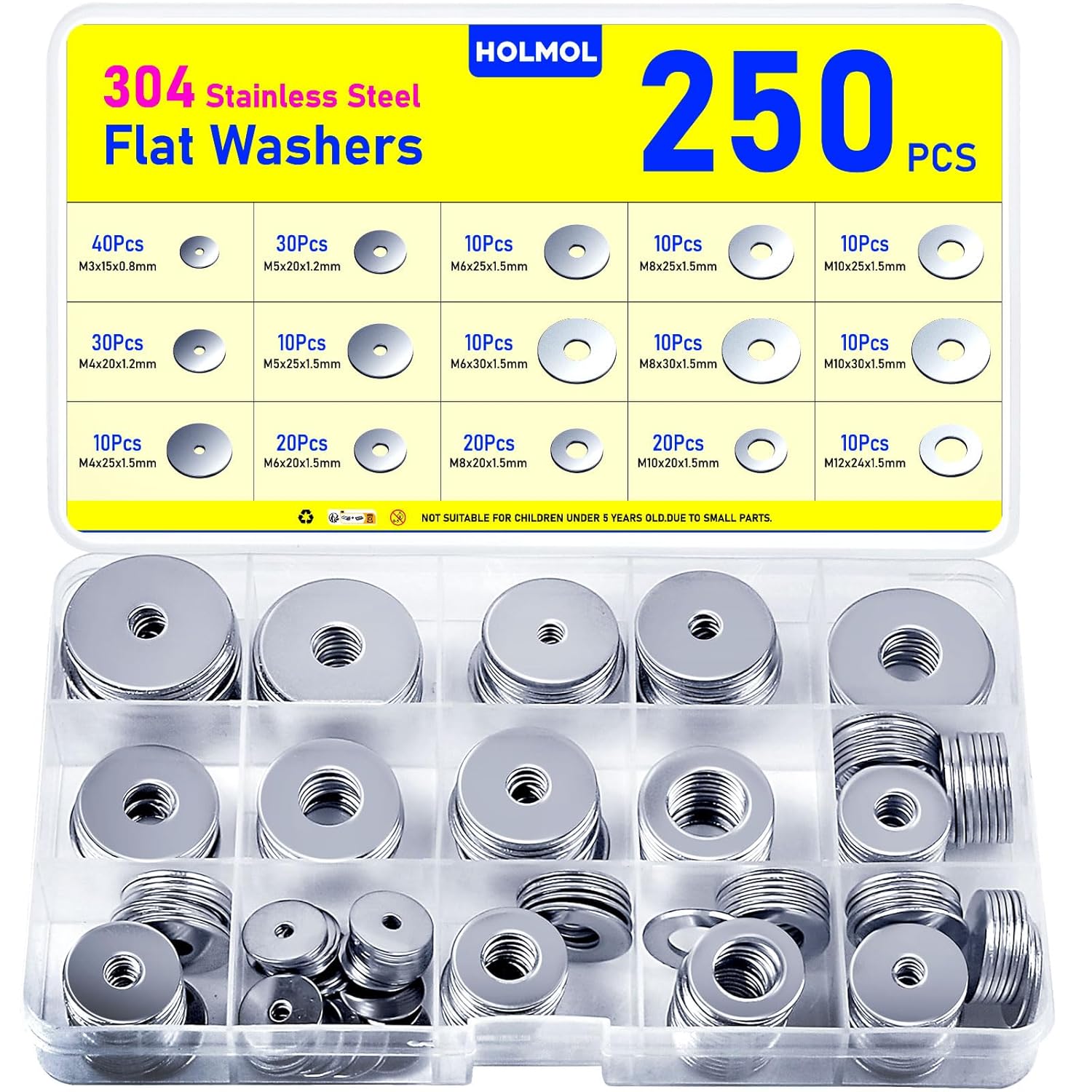 HOLMOL Flat Penny Washers 250 pcs — Stainless Steel
