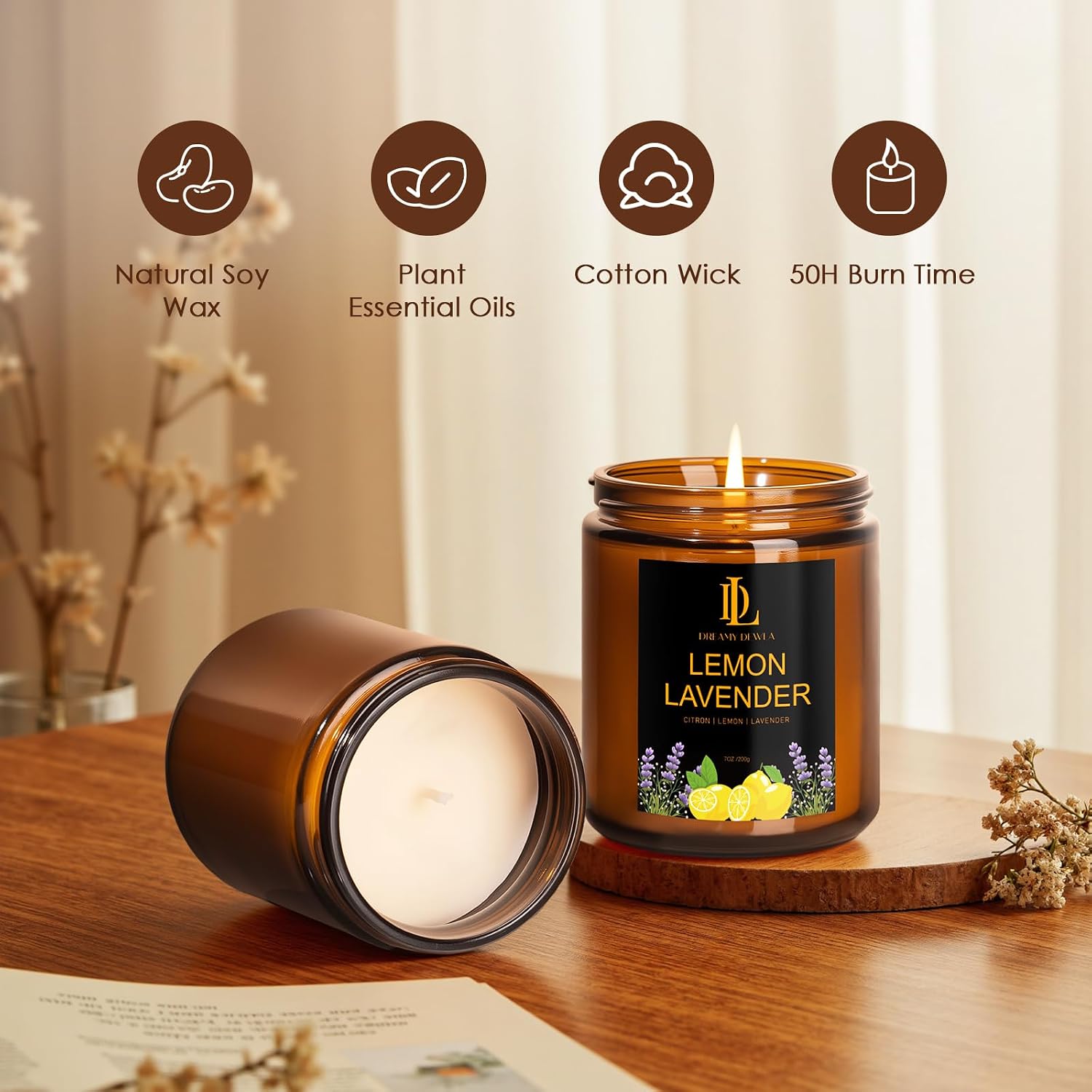 Detalle de DL DREAMY DEWLA D008-2 Lemon Lavender Soy Candle, 7 oz, 50-Hour Burn