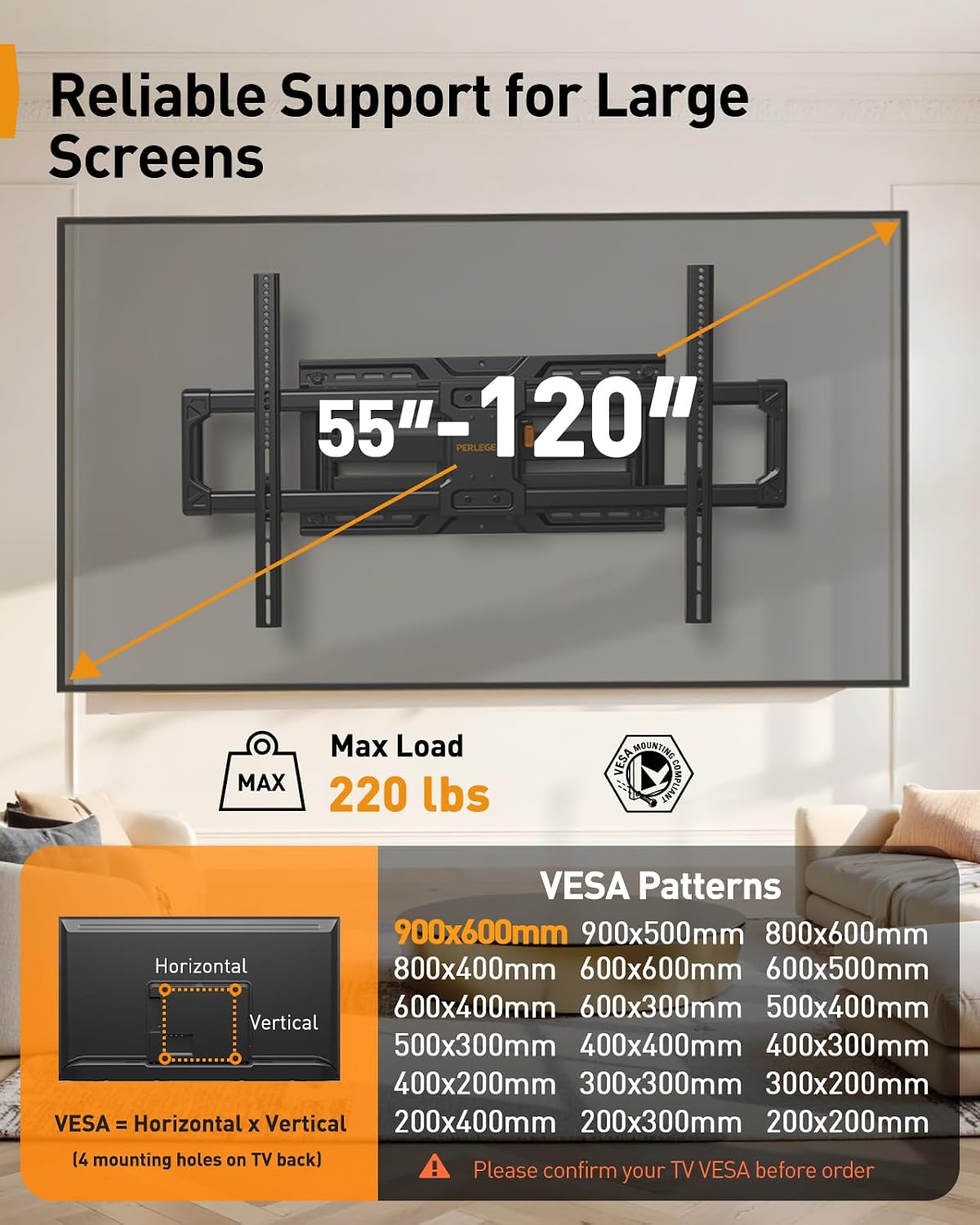 Detalle de Perlegear PGTVM69B-XLF-US Full-Motion TV Wall Mount for 55–120-Inch TVs