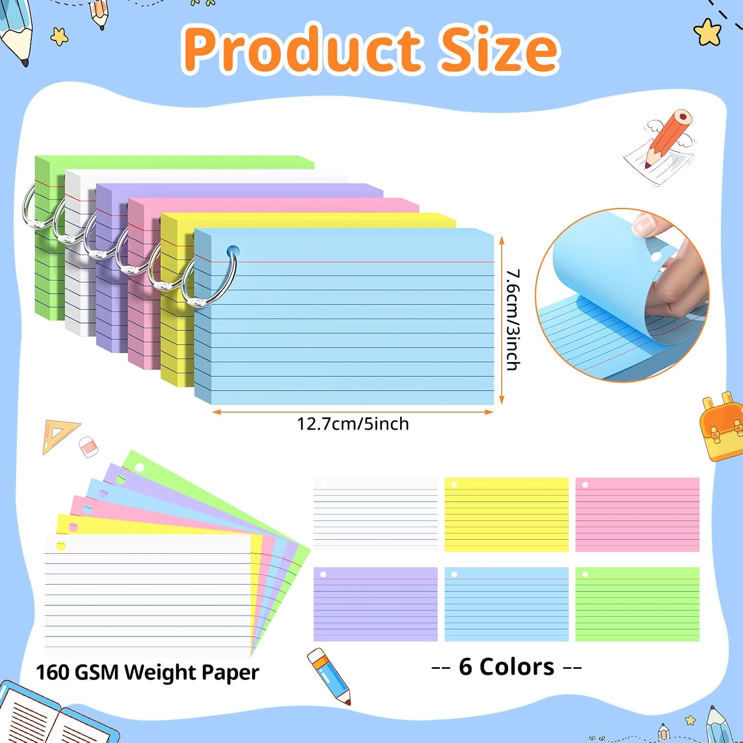 Detalle 2 de Glyanlee 3x5 Index Cards with Rings, 6 Colors, Ruled Front and Blank Back