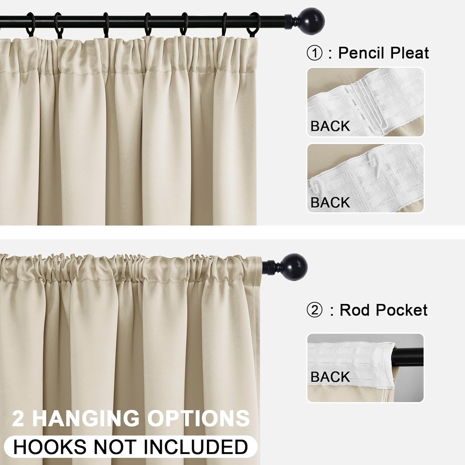 Detalle 2 de DWCN Verdunkelungsvorhänge 160x140 cm (2er Set) Hell Beige mit Kräuselband – Blickdichte Thermogardine für Kinderzimmer
