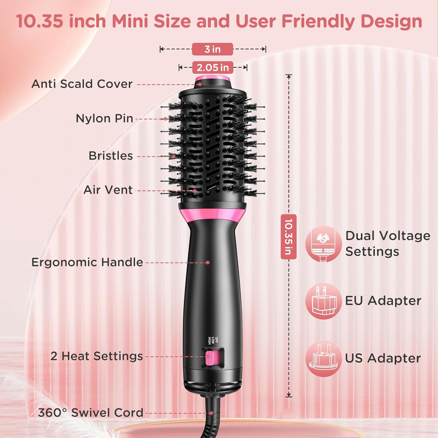 Thumbnail 5 de ONEWEST 3-in-1 Hair Dryer Brush (Dual Voltage) with Negative Ion Hot Air Brush, 2 Speeds and Travel Adapters