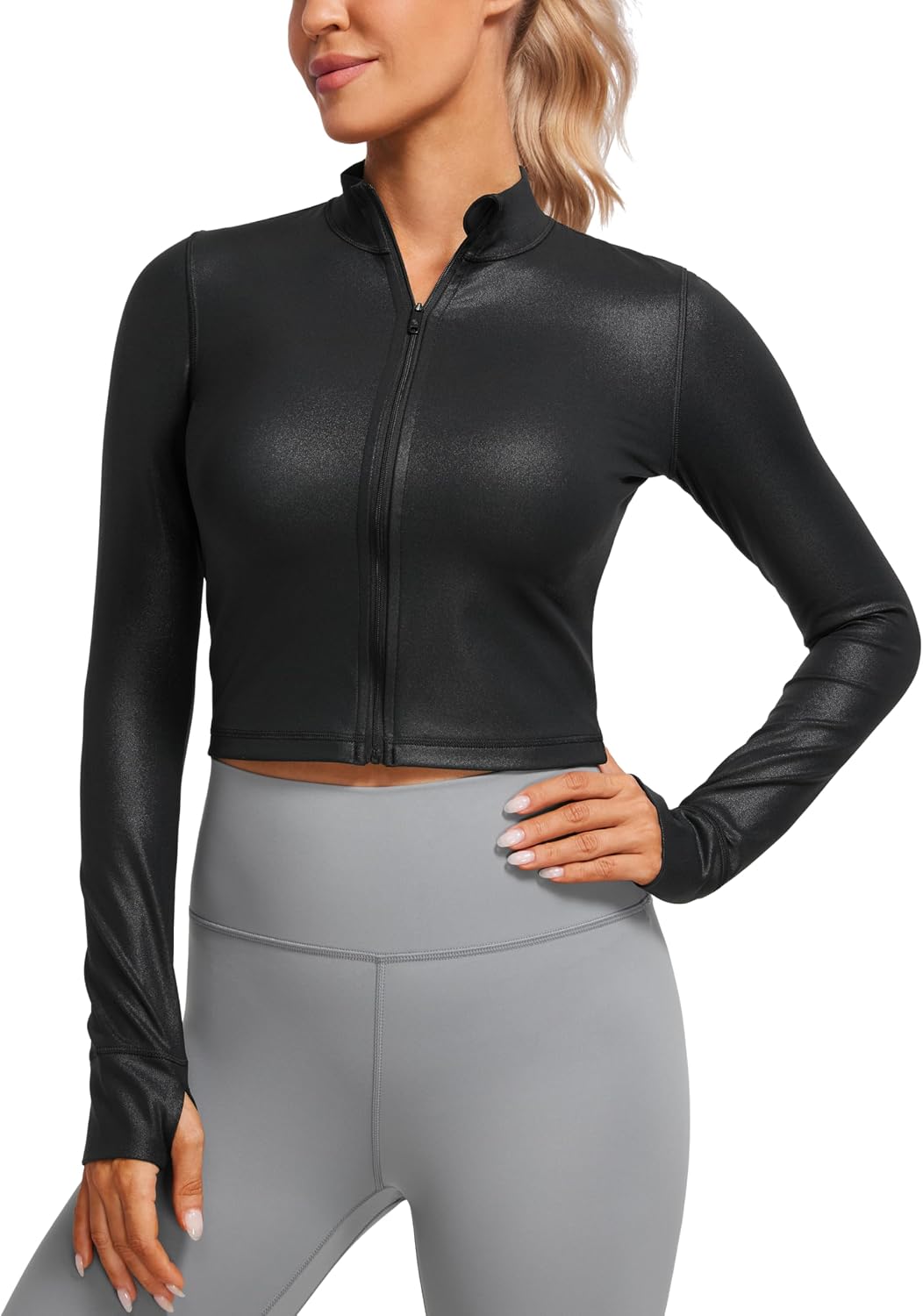 Detalle de CRZ YOGA Women’s Butterluxe Full Zip Cropped Jacket with Thumb Holes