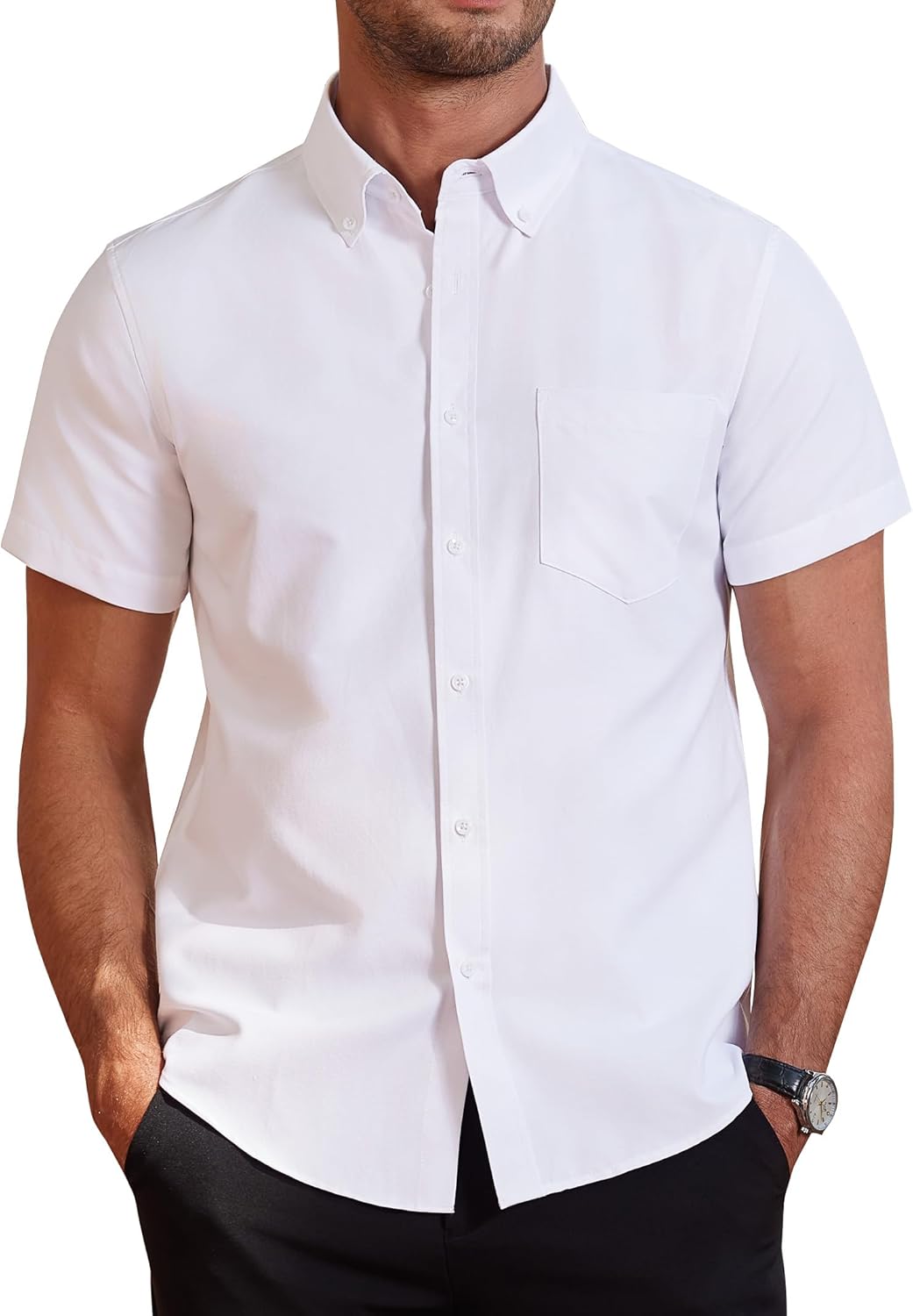 Detalle de J.VER Men's Short Sleeve Oxford Shirt – Regular Fit, Breathable Cotton, Button-Down