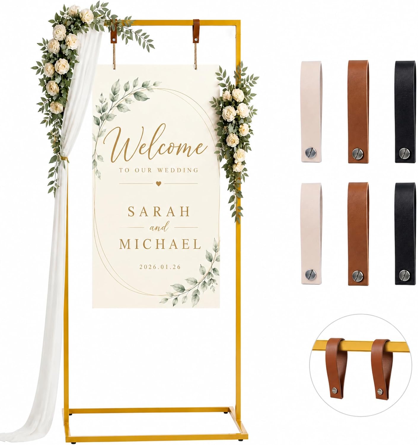 Thumbnail 6 de WEDORA Wedding Welcome Sign Stand, 127 cm Black Metal Easel with 6 Straps