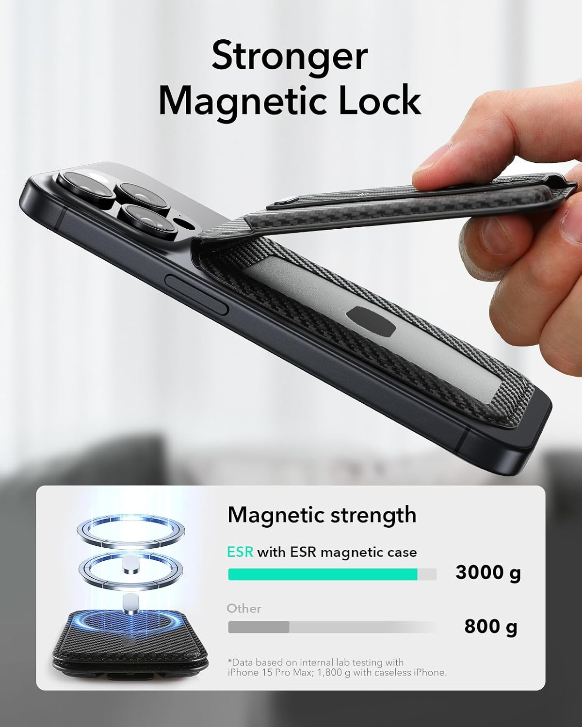 Detalle de ESR for MagSafe Wallet: 5 Card Holder with Adjustable Stand and RFID Blocking (Carbon Fibre, Black)
