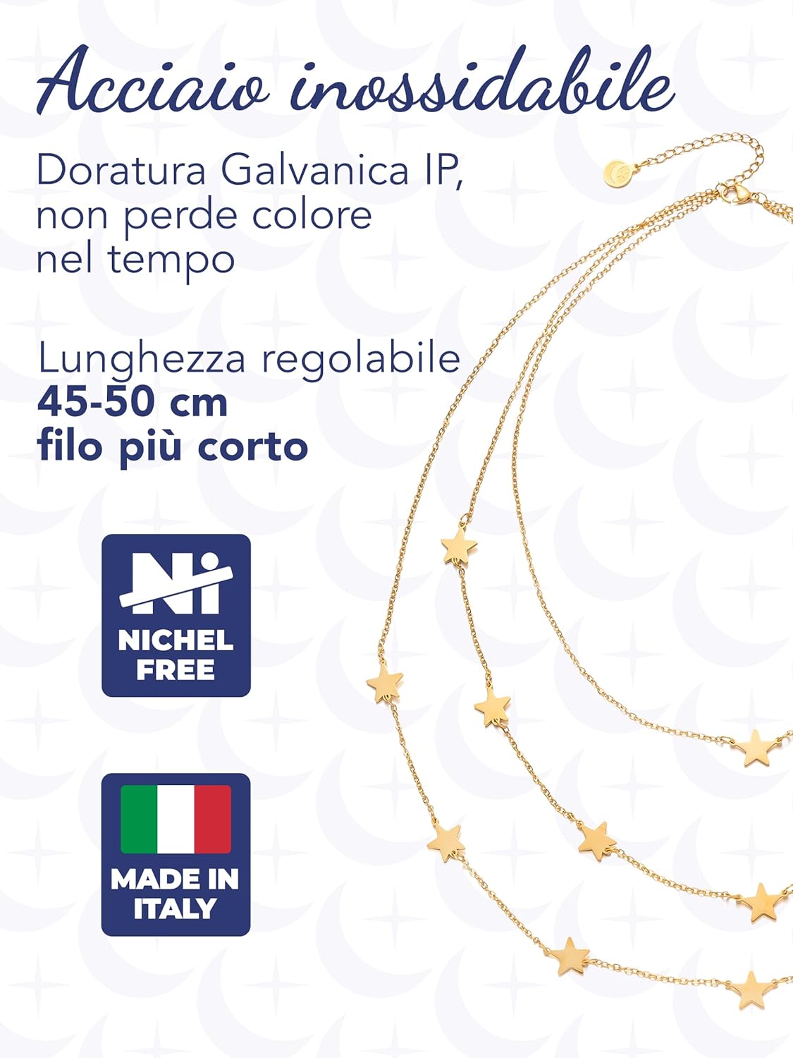 Detalle 2 de inSCINTILLE Collana Donna Stelle e Cuori in Acciaio Inossidabile — Multicollana regolabile 1/2/3 fili, idea regalo