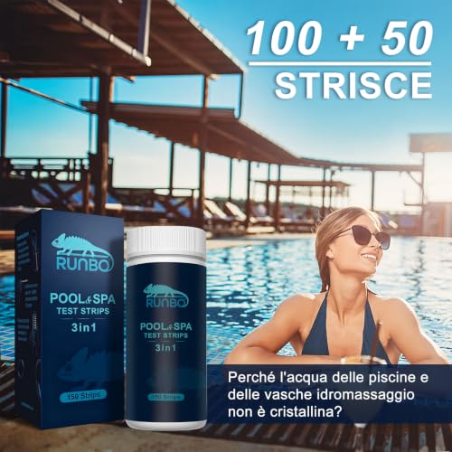 Thumbnail 1 de RUNBO 3 in 1 Strisce Reattive per Piscina e Spa – 150 Strisce per Test di pH, Alcalinità Totale e Cloro
