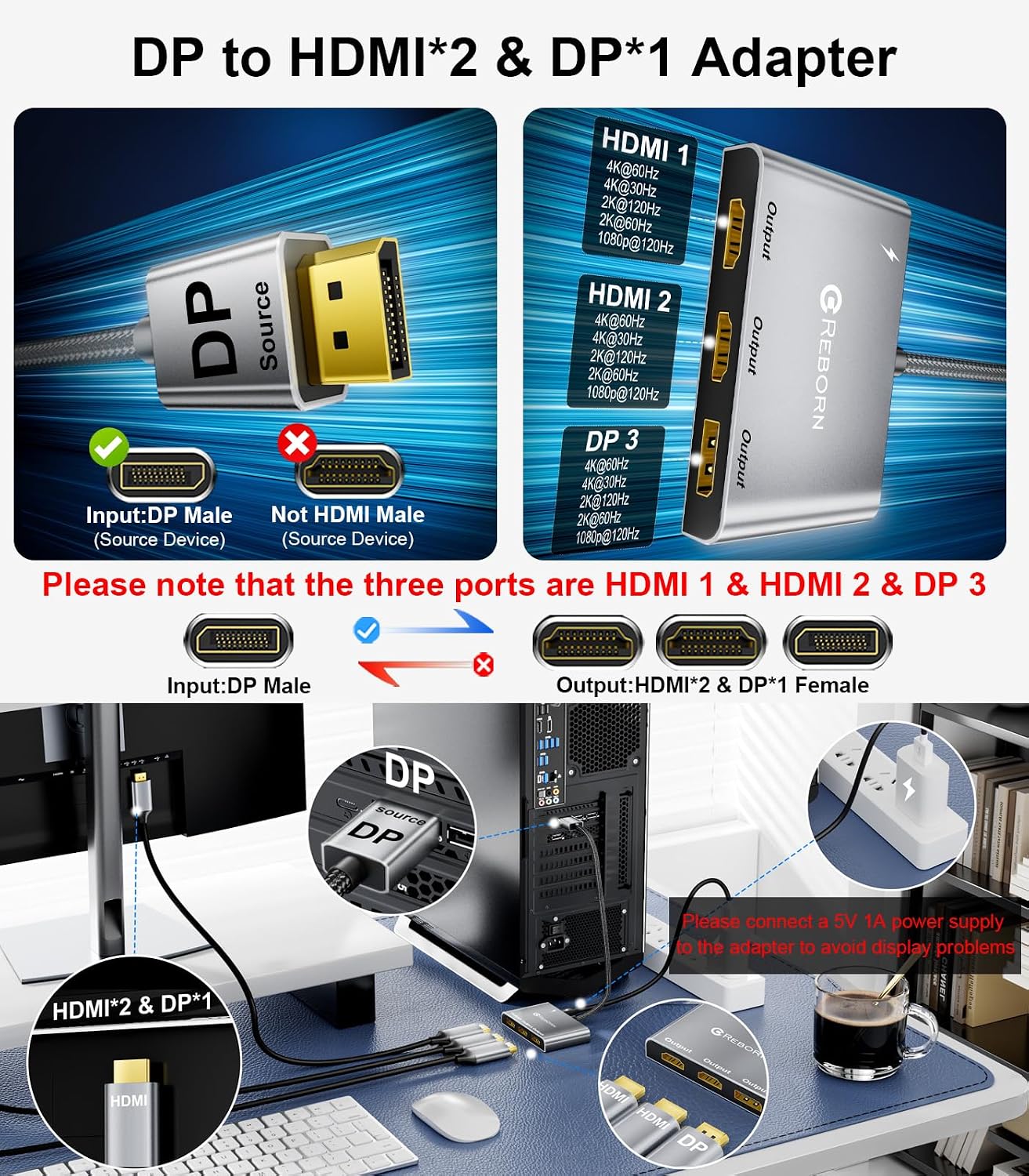 Detalle 2 de Reborn DisplayPort to Dual HDMI Splitter 4K@60Hz