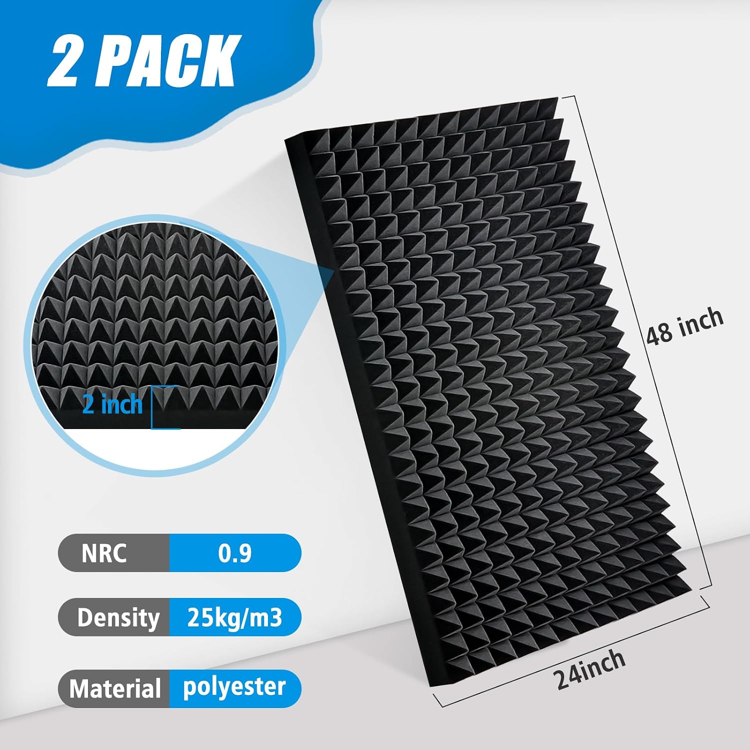 Detalle de HWLIYUTAI 2-Pack Pyramid Acoustic Foam Panels, 48 x 24 x 2-Inch, Black
