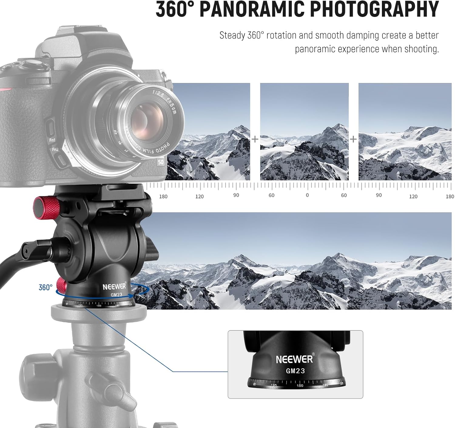 Thumbnail 1 de NEEWER Fluid-Stativkopf GM23 Rot mit Griff und Arca-Schnellwechselplatte (Aluminium, 43 mm Basis)