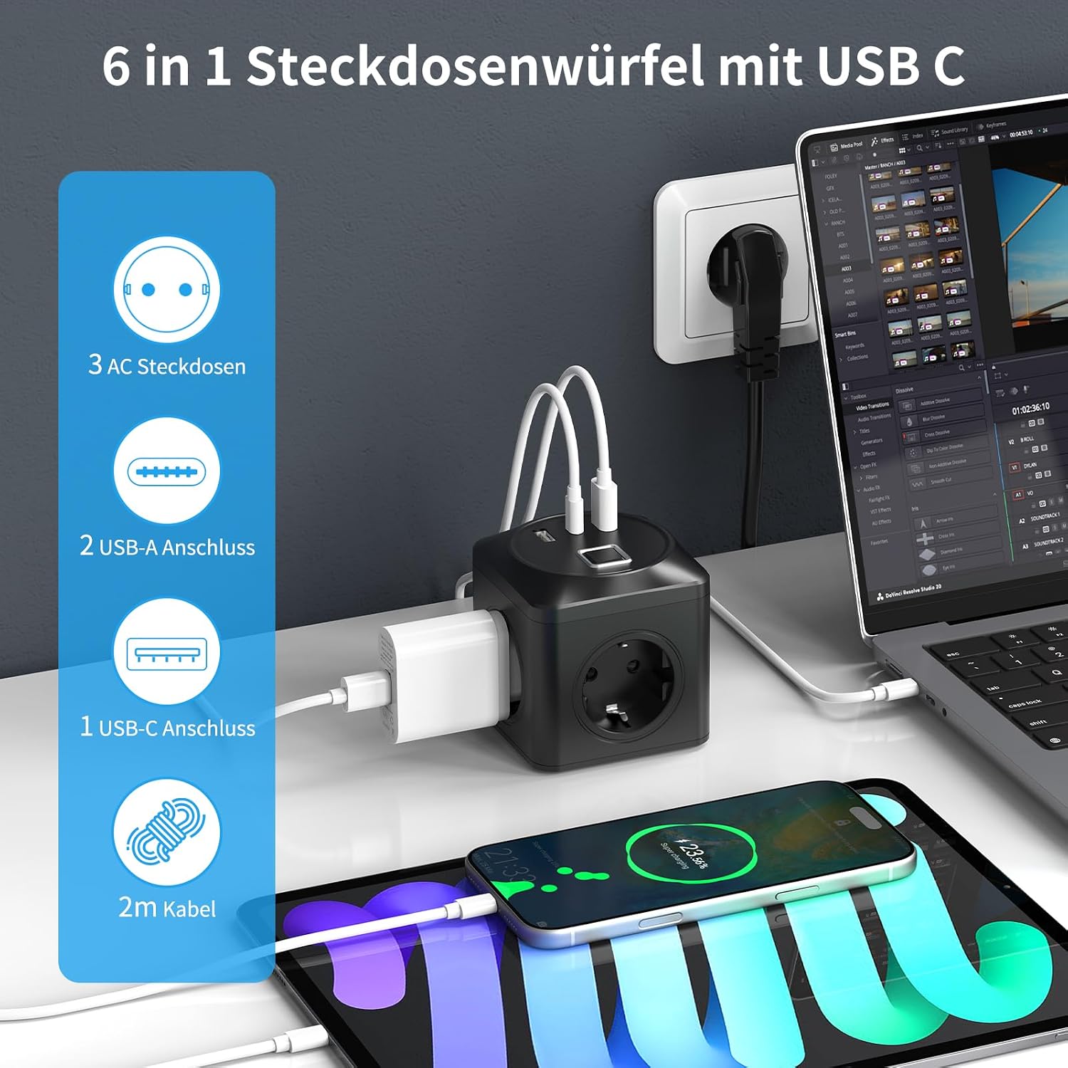 Detalle de Steckdosenwürfel mit USB – 6-in-1 USB-Steckdosenleiste, 3x EU-Steckdosen + 2x USB-A + 1x USB-C, 3680 W, PD 20 W, 2 m Kabel, Schutz