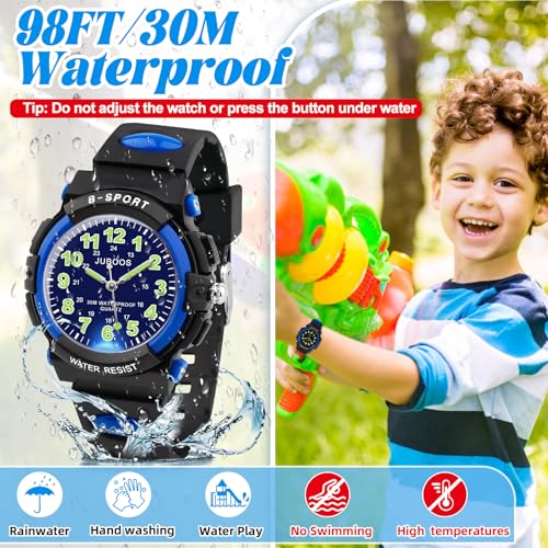 Thumbnail 2 de Juboos Neue 7-Farbige Kinderuhr – Analoge Quarz-Uhr mit Gummiarmband, Wasserdicht 30M, Blau-Schwarz