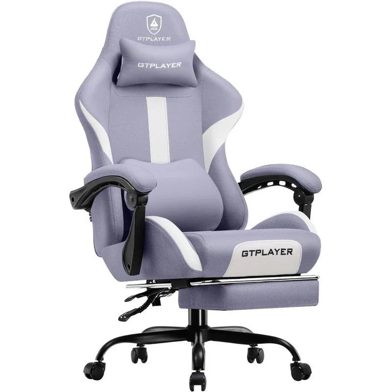 Detalle de Silla Gaming Ergonómica GTPLAYER Púrpura con Reposapiés y Reposacabezas — soporte y confort para largas sesiones