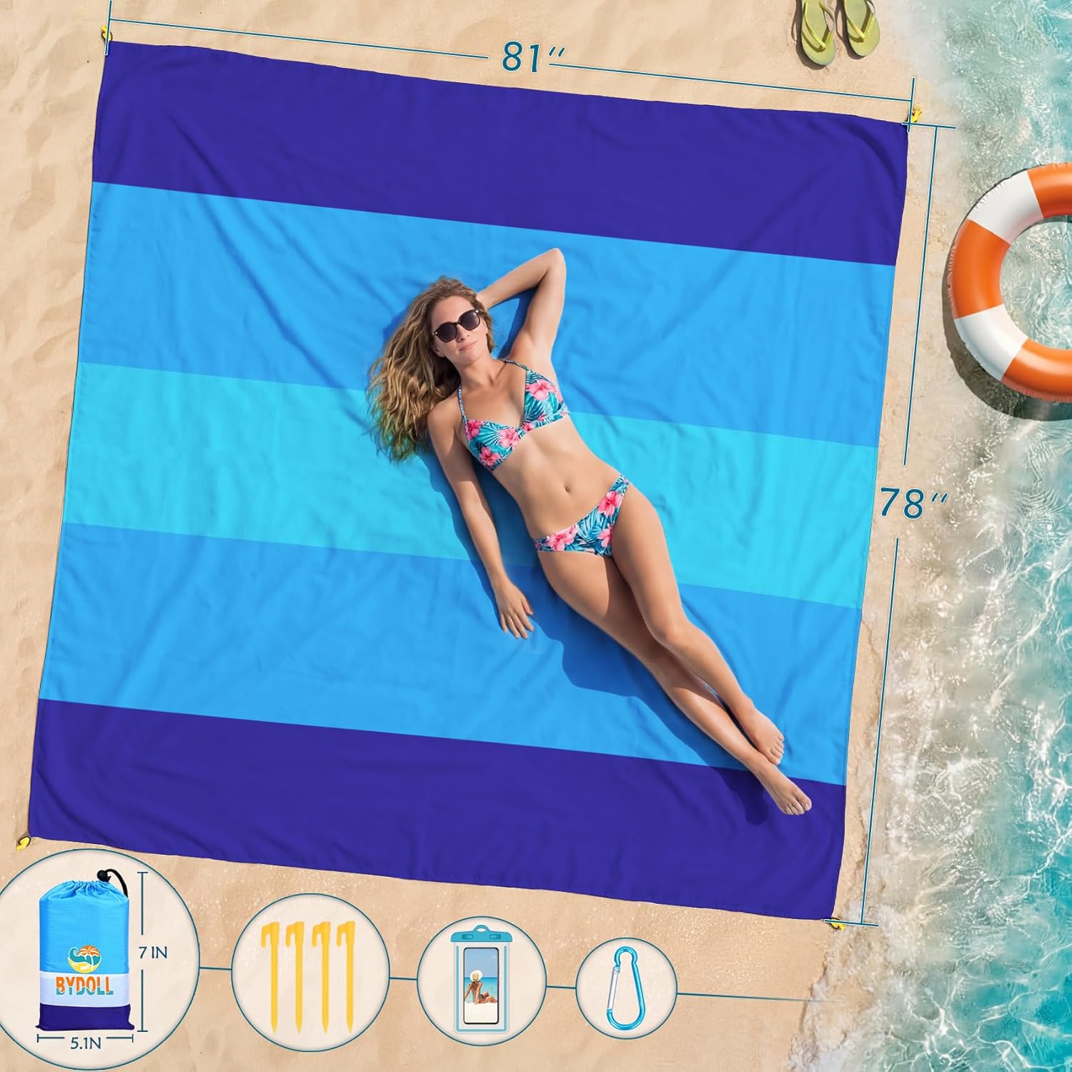 Thumbnail 1 de BYDOLL Beach Blanket Waterproof Sandproof Oversized 78'' x 81'' (10' x 9') – Lightweight, Sand-Free Picnic Mat