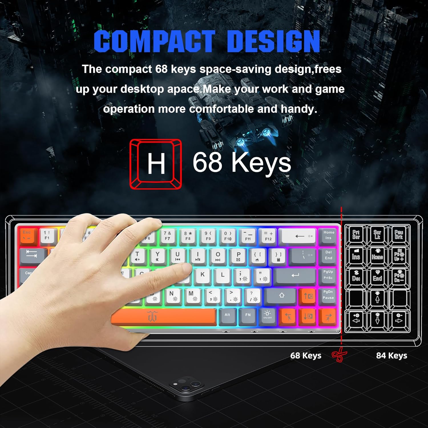 Thumbnail 1 de Snpurdiri 60%-Gaming-Tastatur (68) im kompakten Layout ohne Ziffernblock – Weiß/Grau/Orange