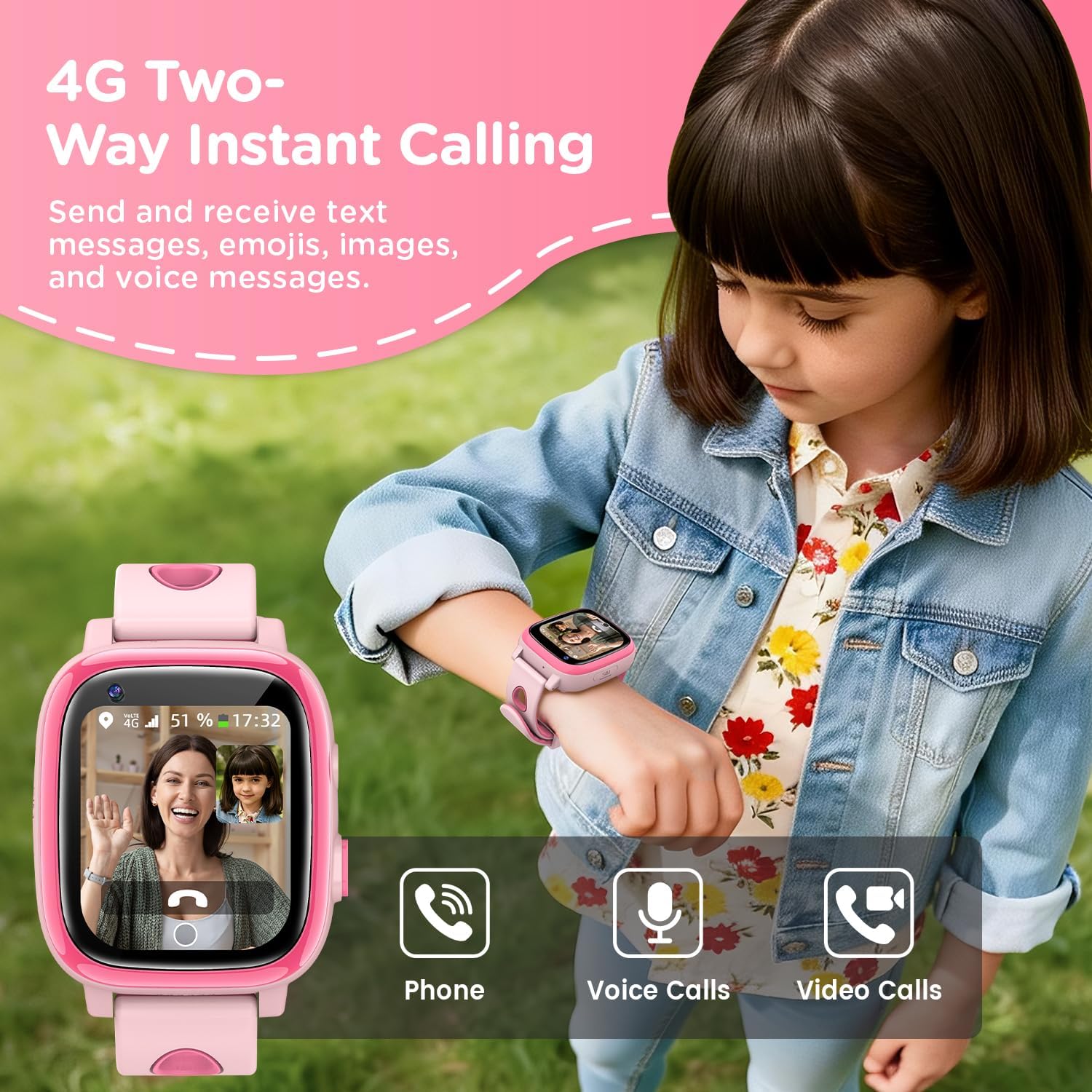 Thumbnail 1 de whraills 2026 Nuovo Smartwatch Bambini 4G con Videochiamata, GPS e Modalità Scuola – Rosa