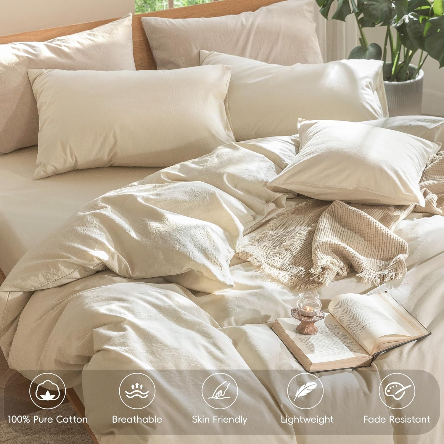 Detalle 2 de MooMee 100% Washed Cotton Duvet Cover Set in Almond Milk Gray (King, 104 x 90)
